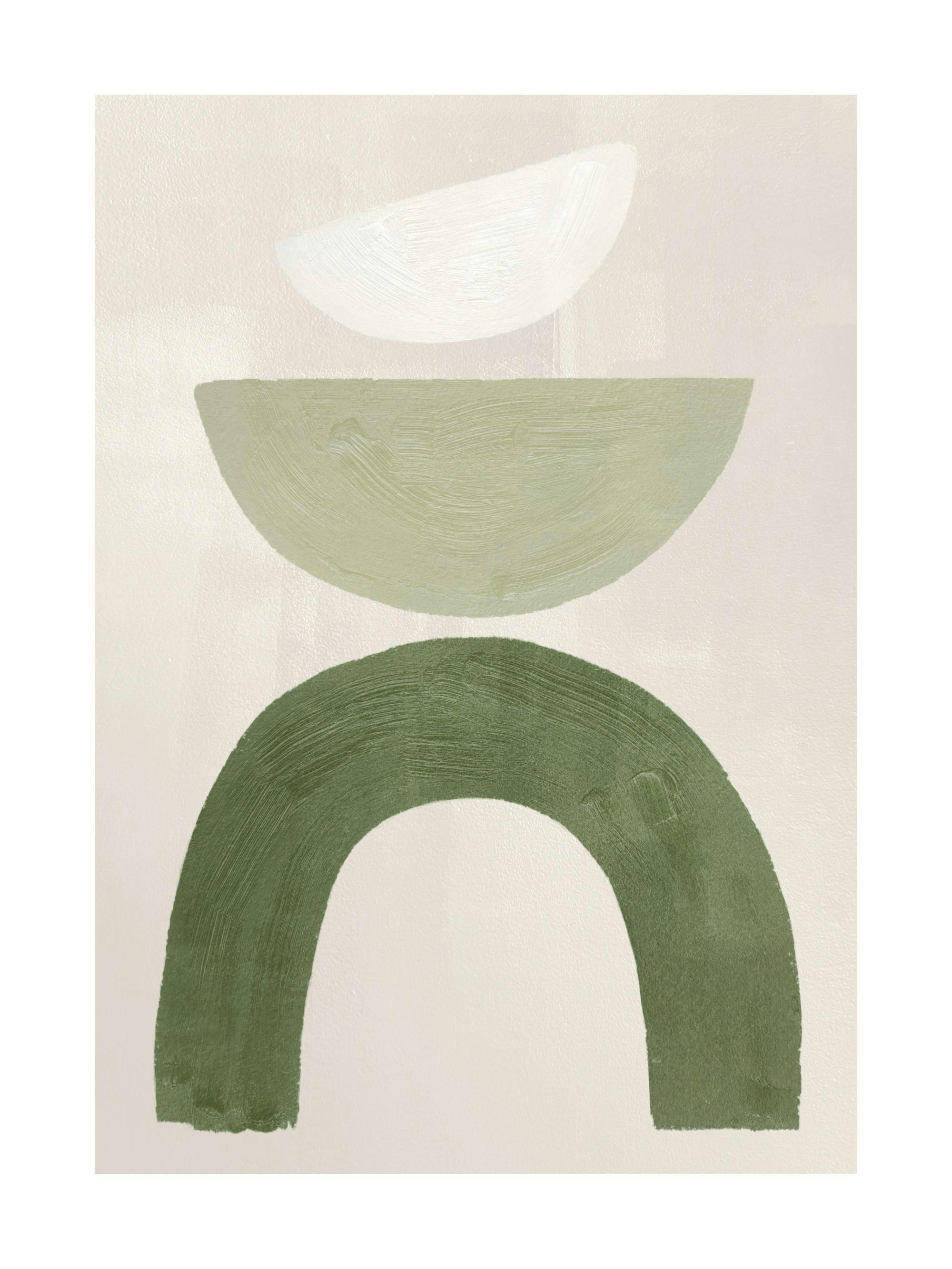 Poster mit weißer, hellgrüner und dunkelgrüner abstrakter Form auf hellem Hintergrund.