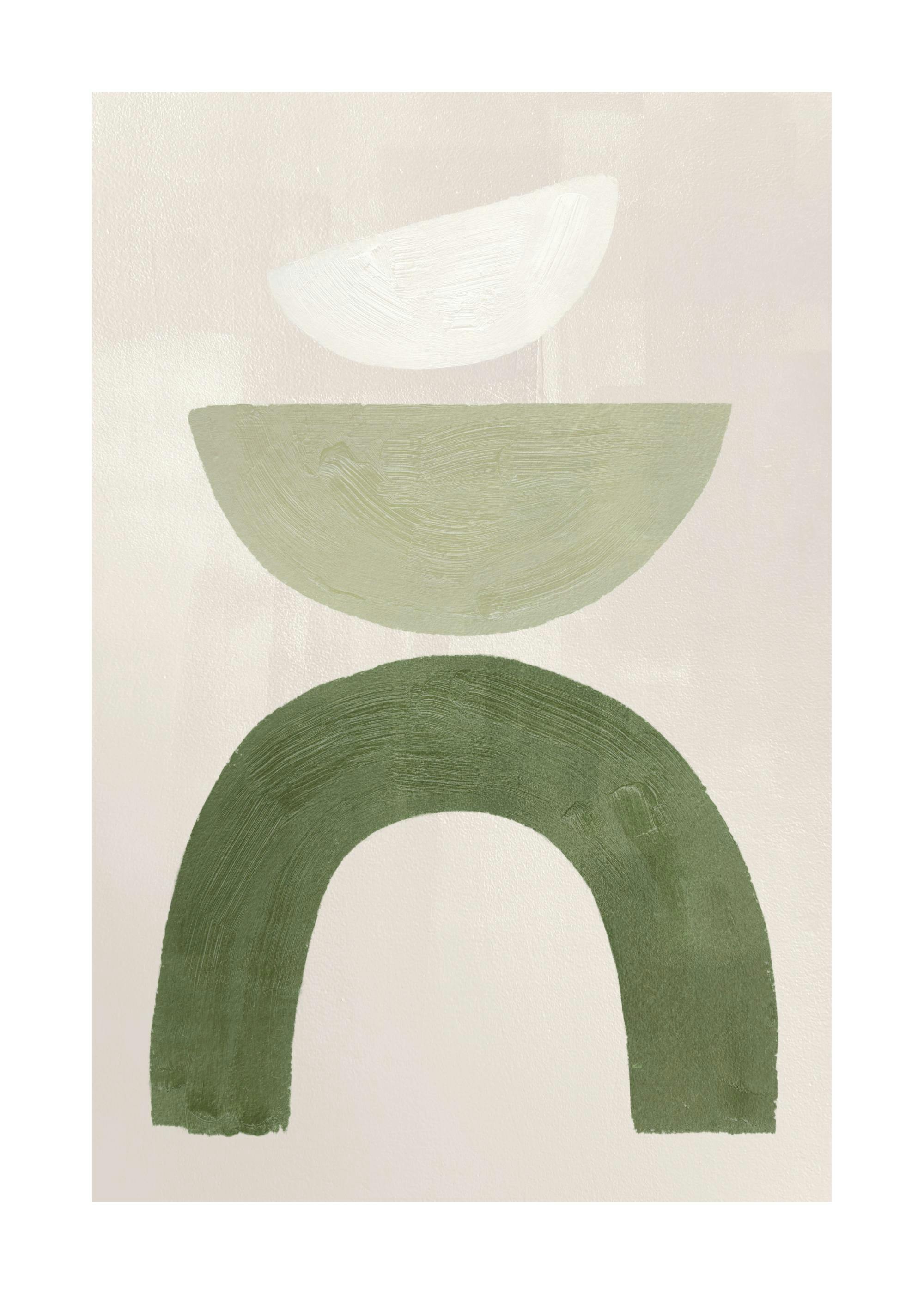 Poster avec des formes géométriques abstraites vertes et blanches, aux textures peintes sur un fond clair.