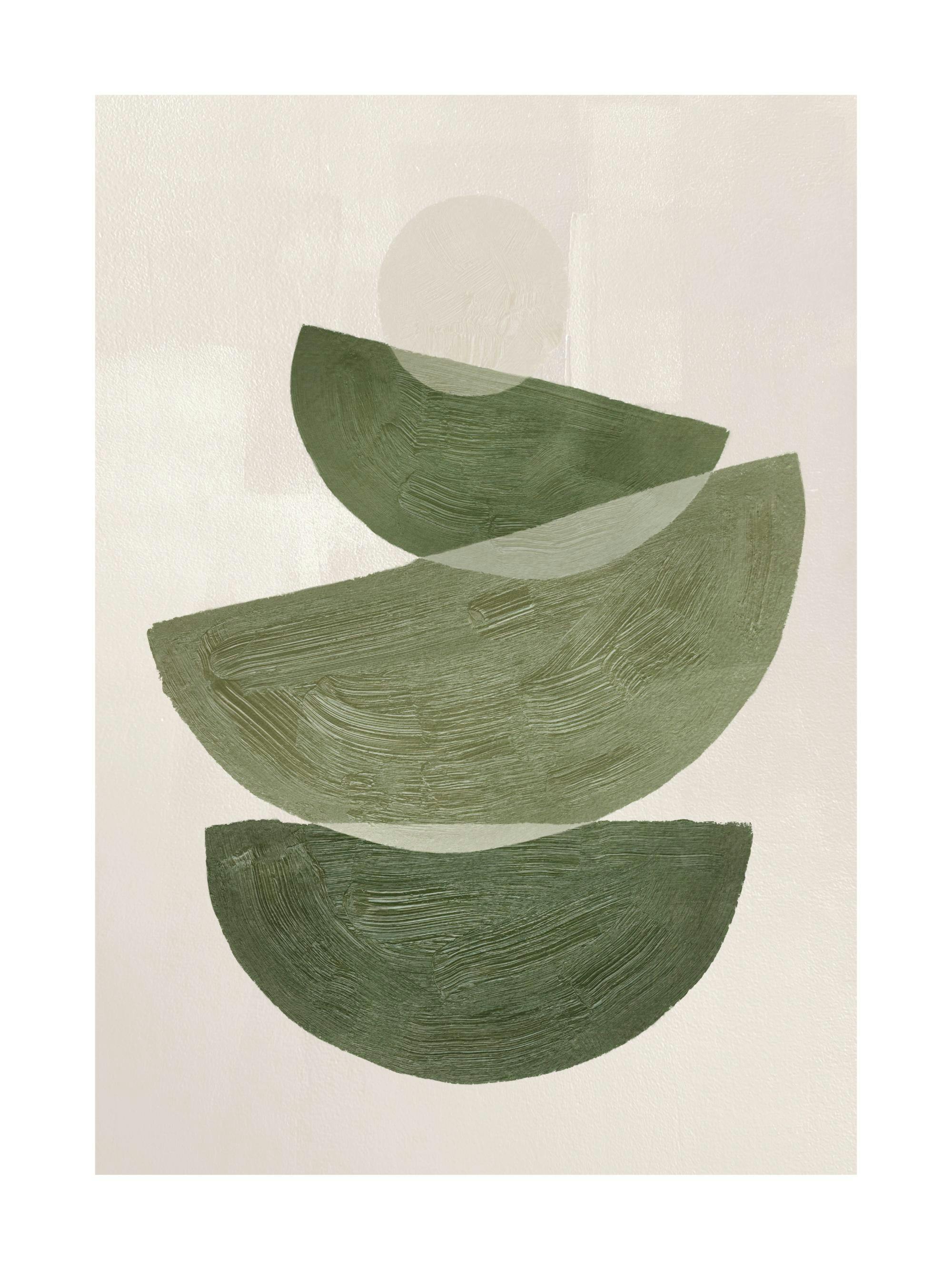 A poster featuring three olive-green semi-circles stacked on a light beige background with subtle brushstrokes.