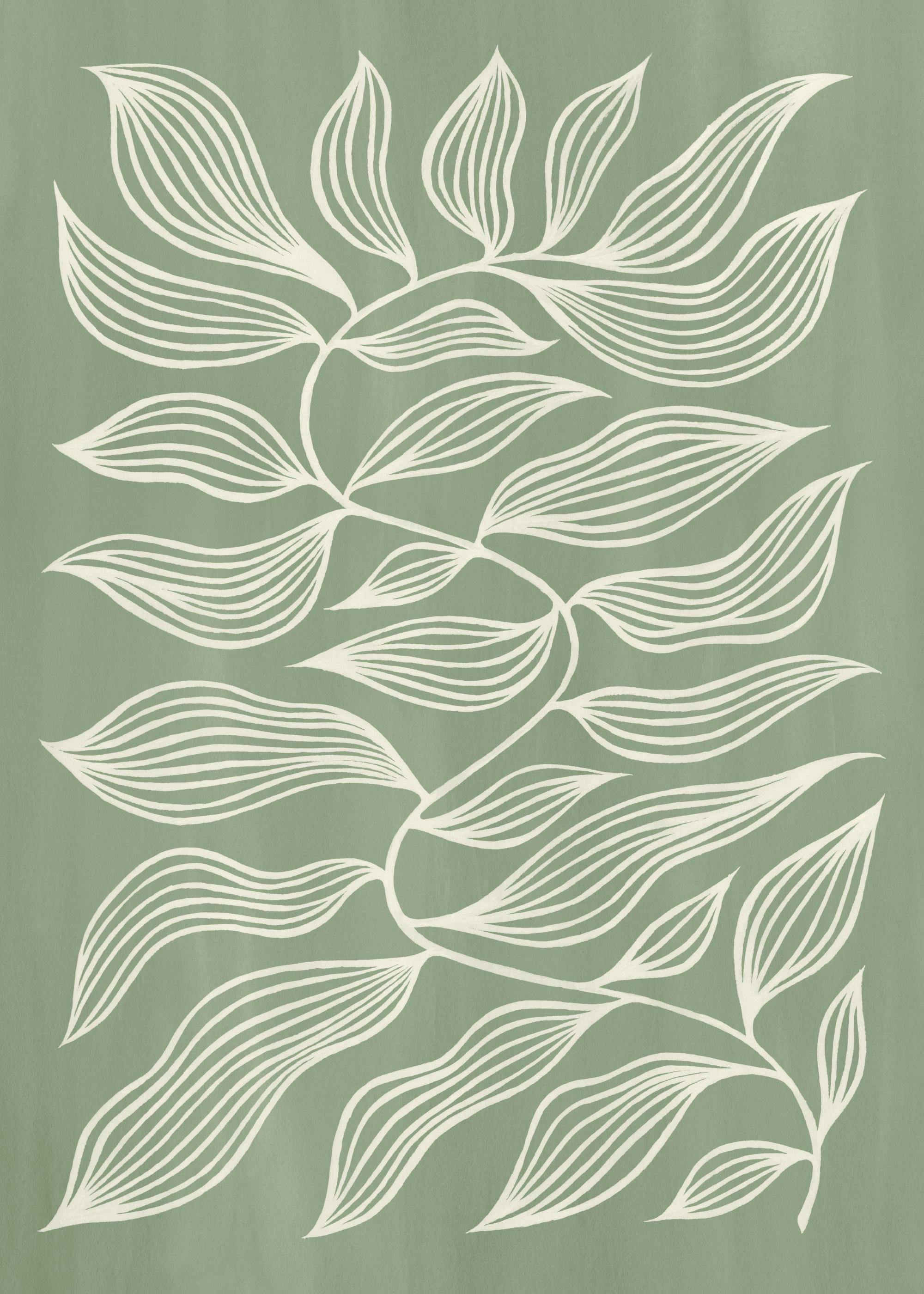 A botanical poster with white hand-drawn leaves and vines on a sage green background.