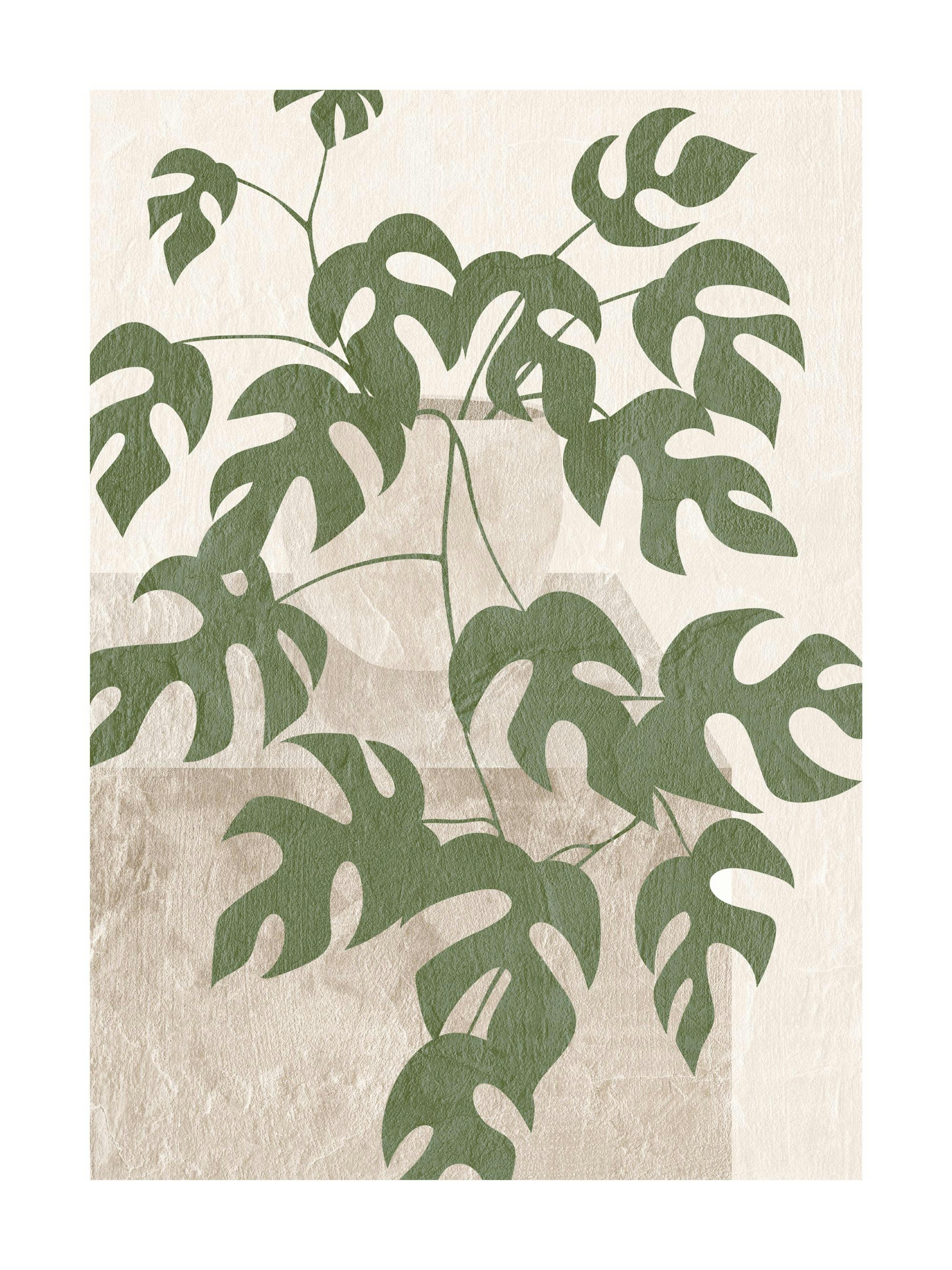 A poster featuring an abstract green monstera plant with textured leaves against a light beige background.