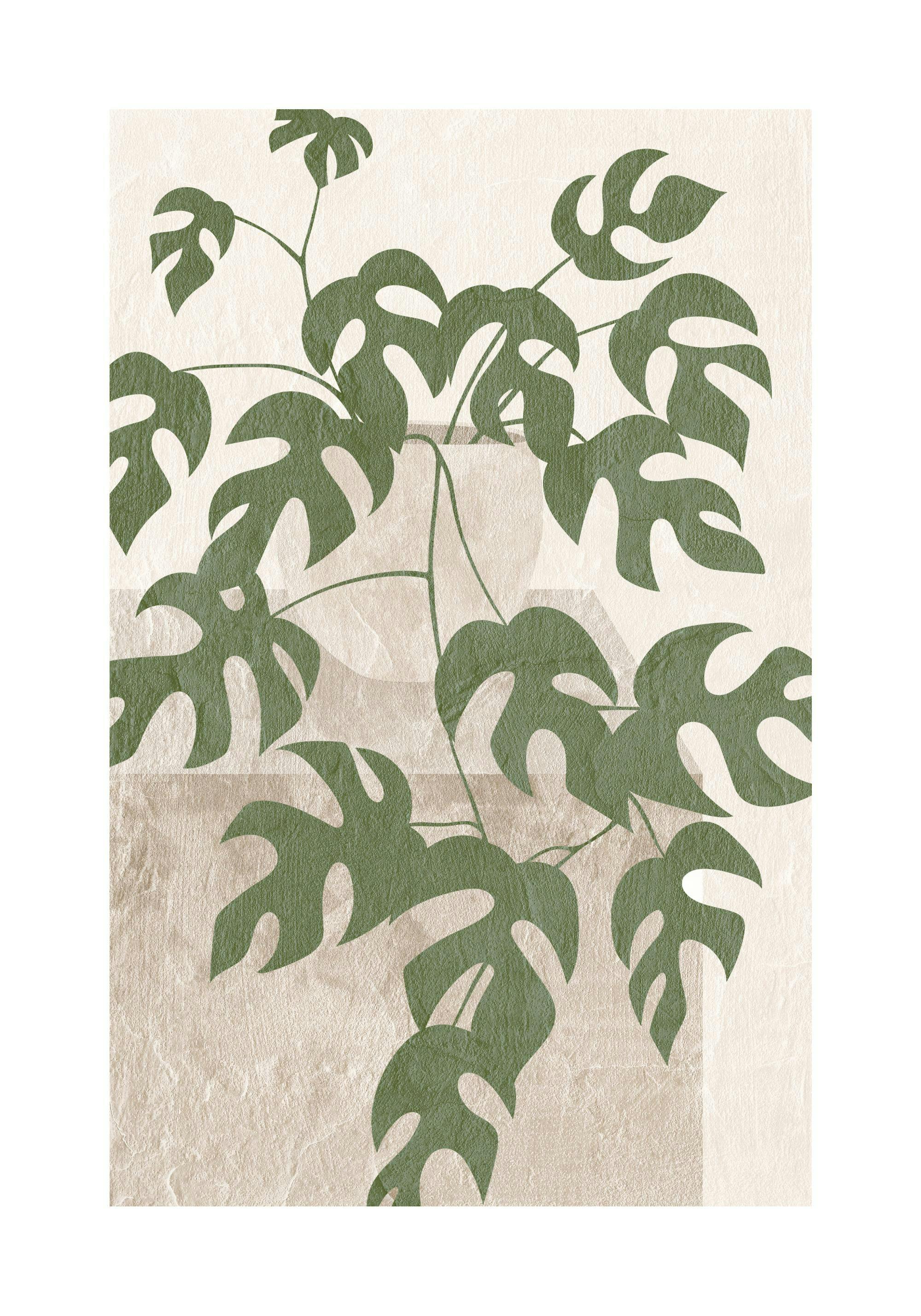 Poster mit grünen Monstera-Blättern auf beigem Hintergrund mit abstrakten Formen und Textur.