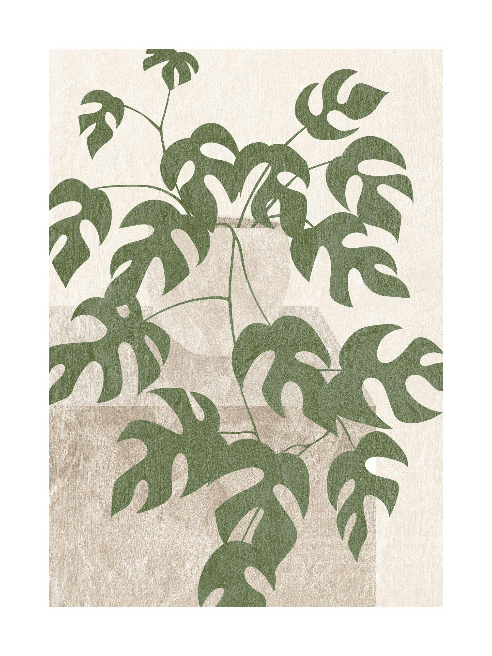 A poster featuring abstract green monstera leaves on a textured beige and off-white background.