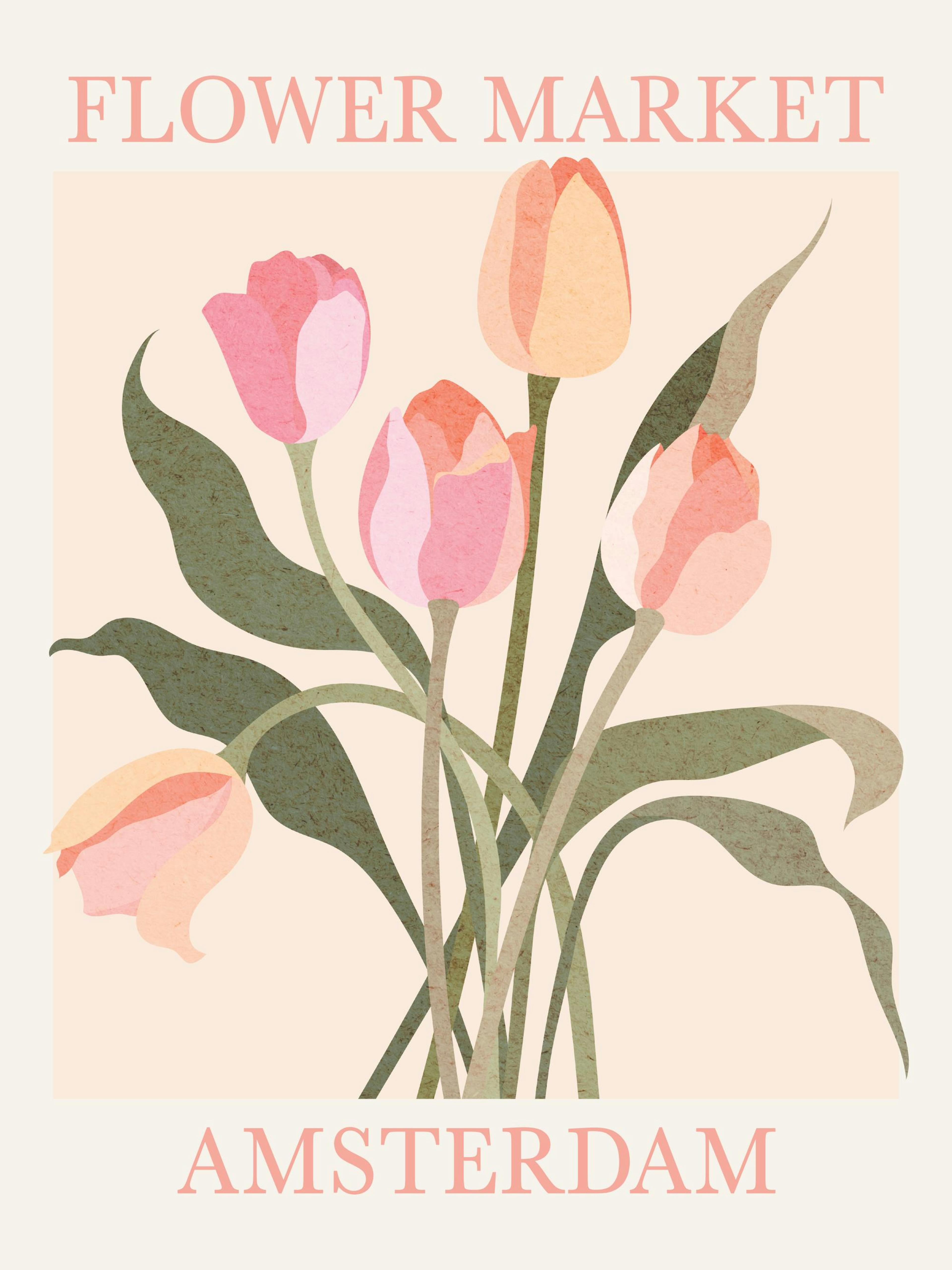 A poster featuring a bouquet of pink and peach tulips with green leaves on a light background, titled FLOWER MARKET AMSTERDAM.