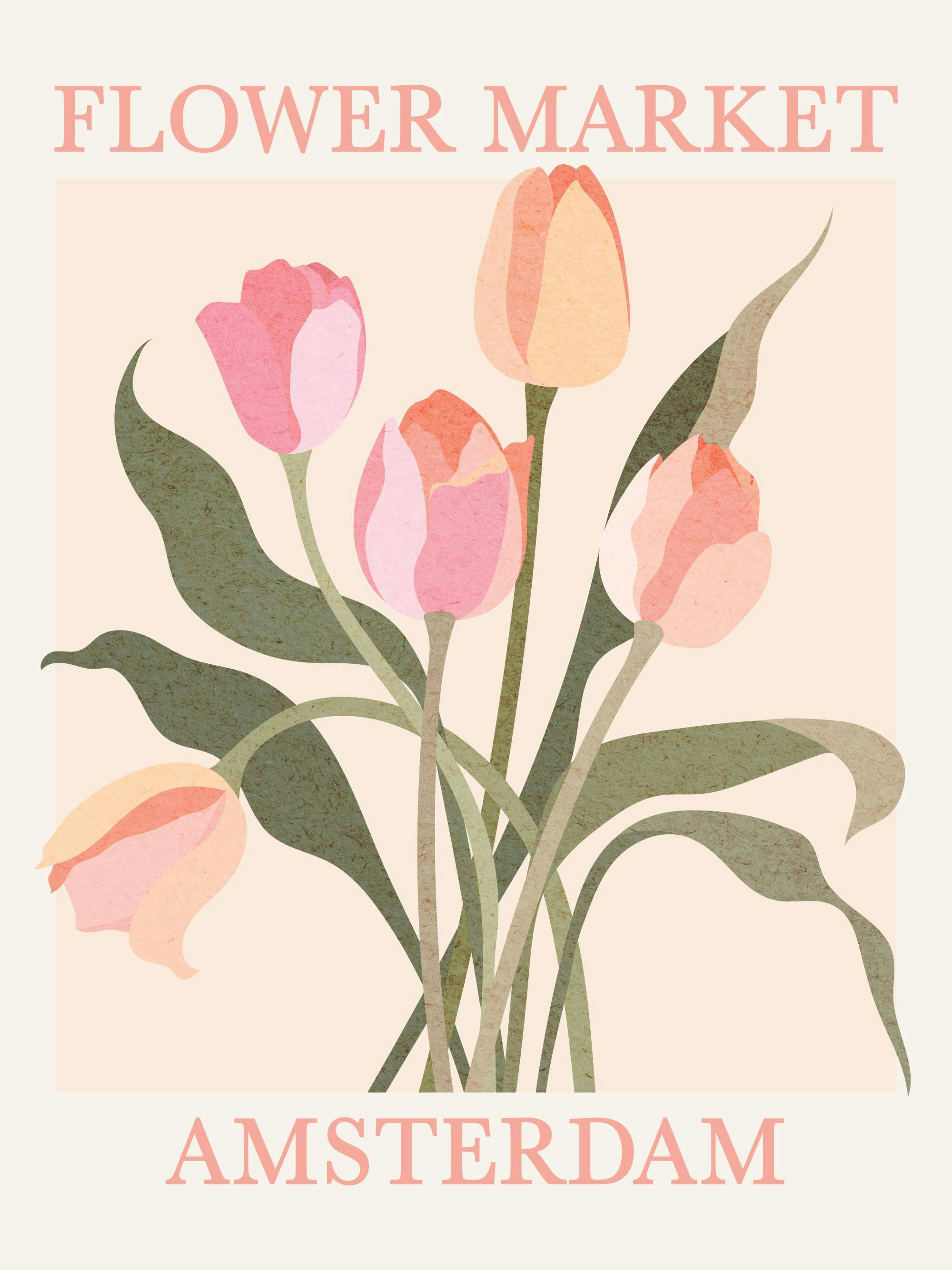 Juliste vaaleanpunaisista ja oransseista tulppaaneista, jossa tekstit Flower Market ja Amsterdam.