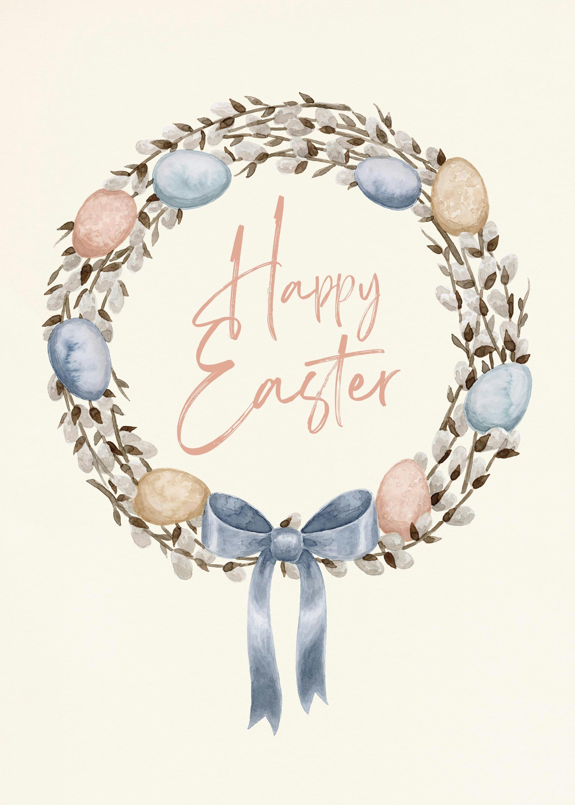 A poster featuring a watercolor Easter wreath with pussy willow branches, pastel eggs, and a blue bow, with Happy Easter in the