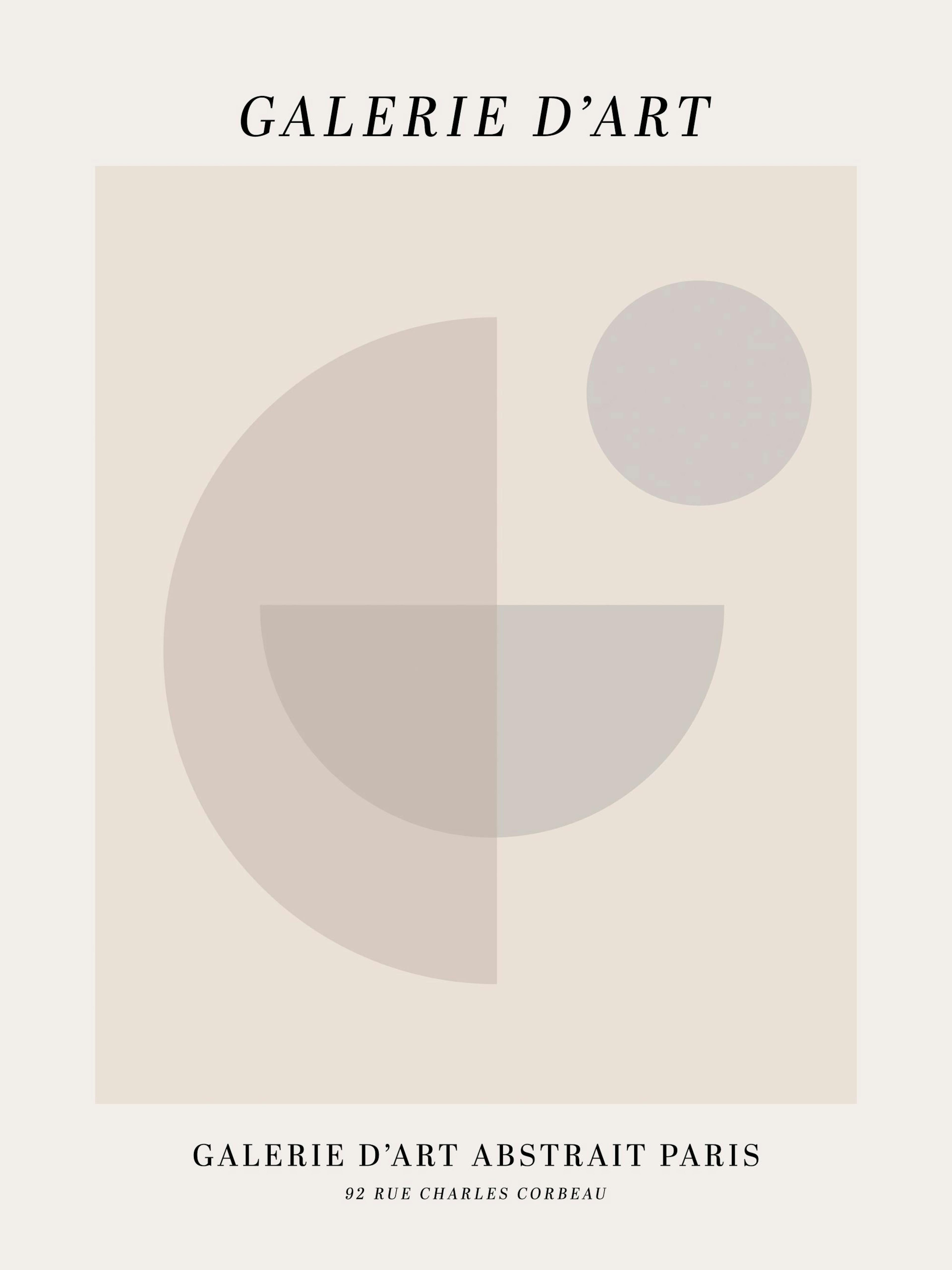 Poster mit beigefarbenen und grauen geometrischen Formen auf hellem Hintergrund, mit Text oben und unten.