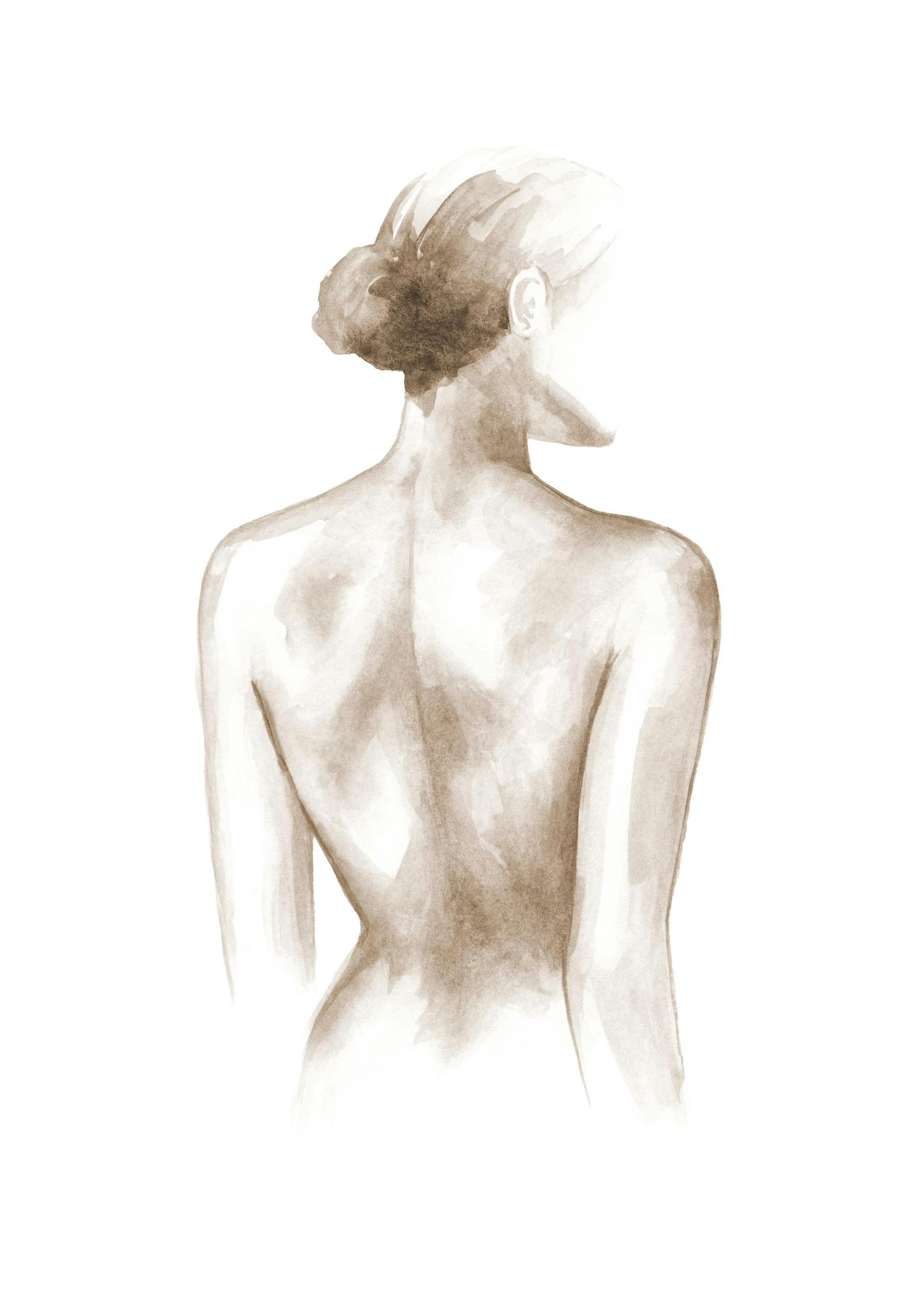 Poster: Aquarell einer weiblichen Rückenansicht in Brauntönen, mit hochgesteckten Haaren, auf weißem Hintergrund.