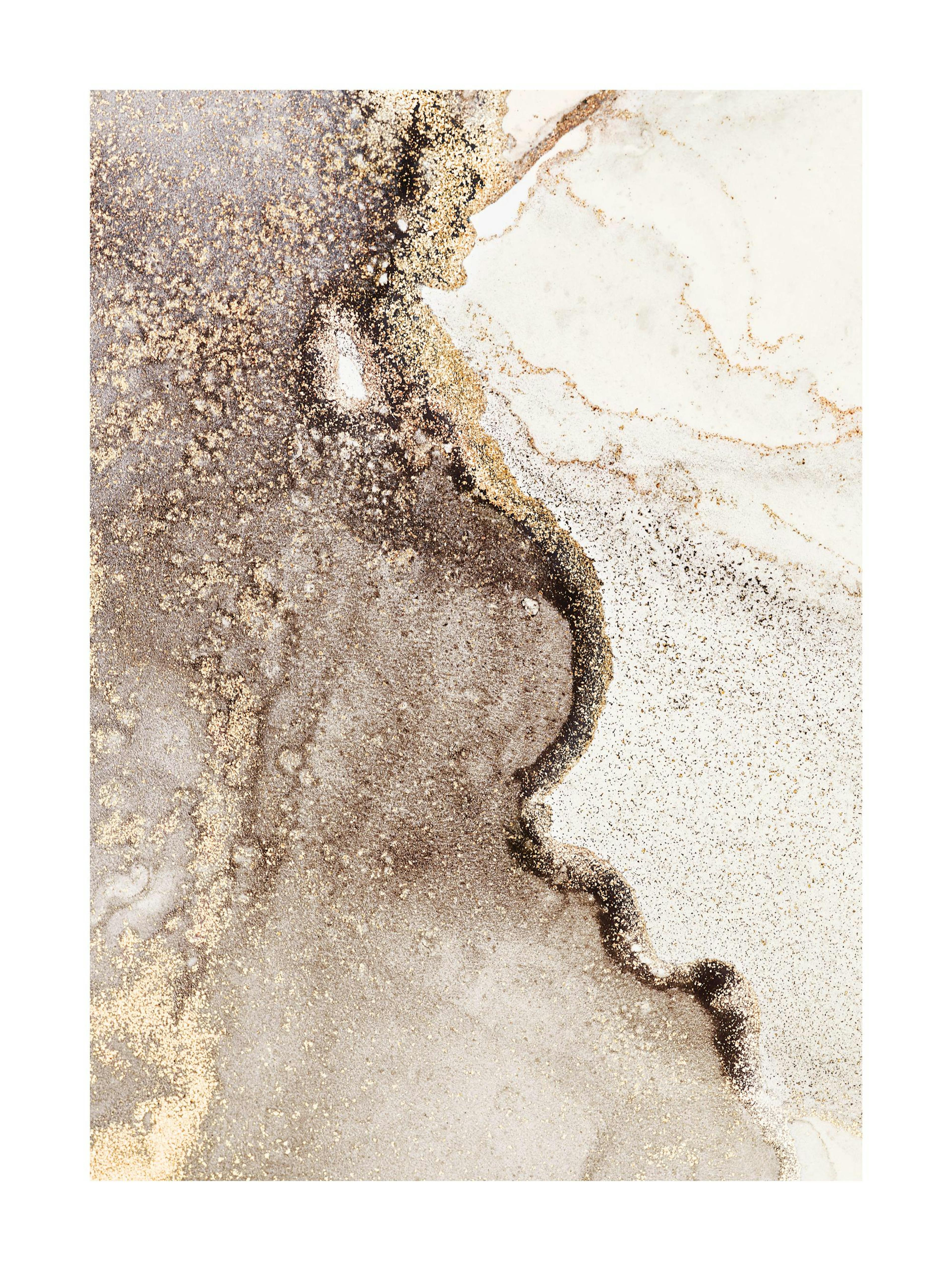 A poster featuring a gold and dark brown abstract design with marble-like textures and shimmering specks.