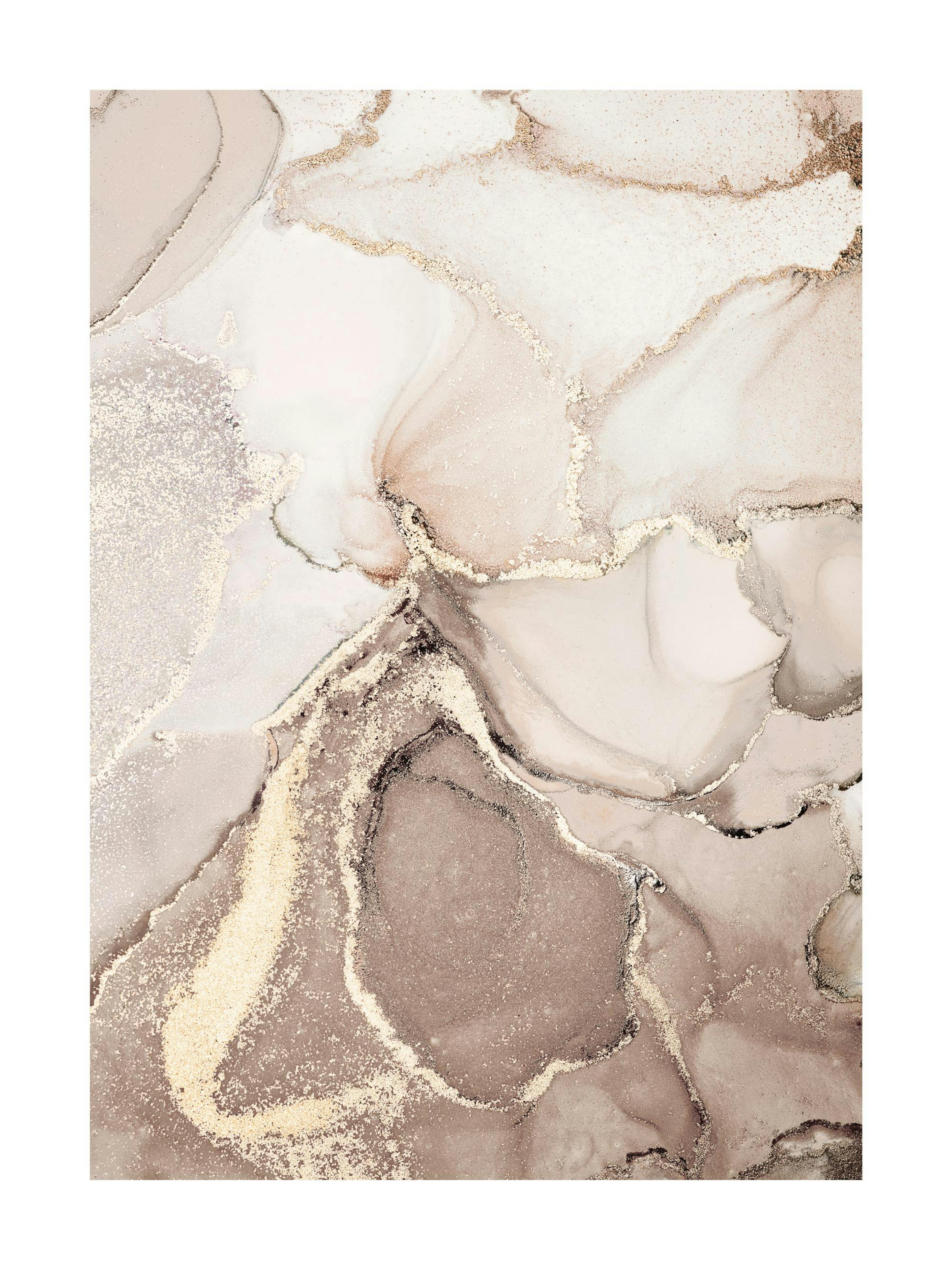 A poster featuring a flowing abstract design with shimmering gold and silver accents on a light neutral background.