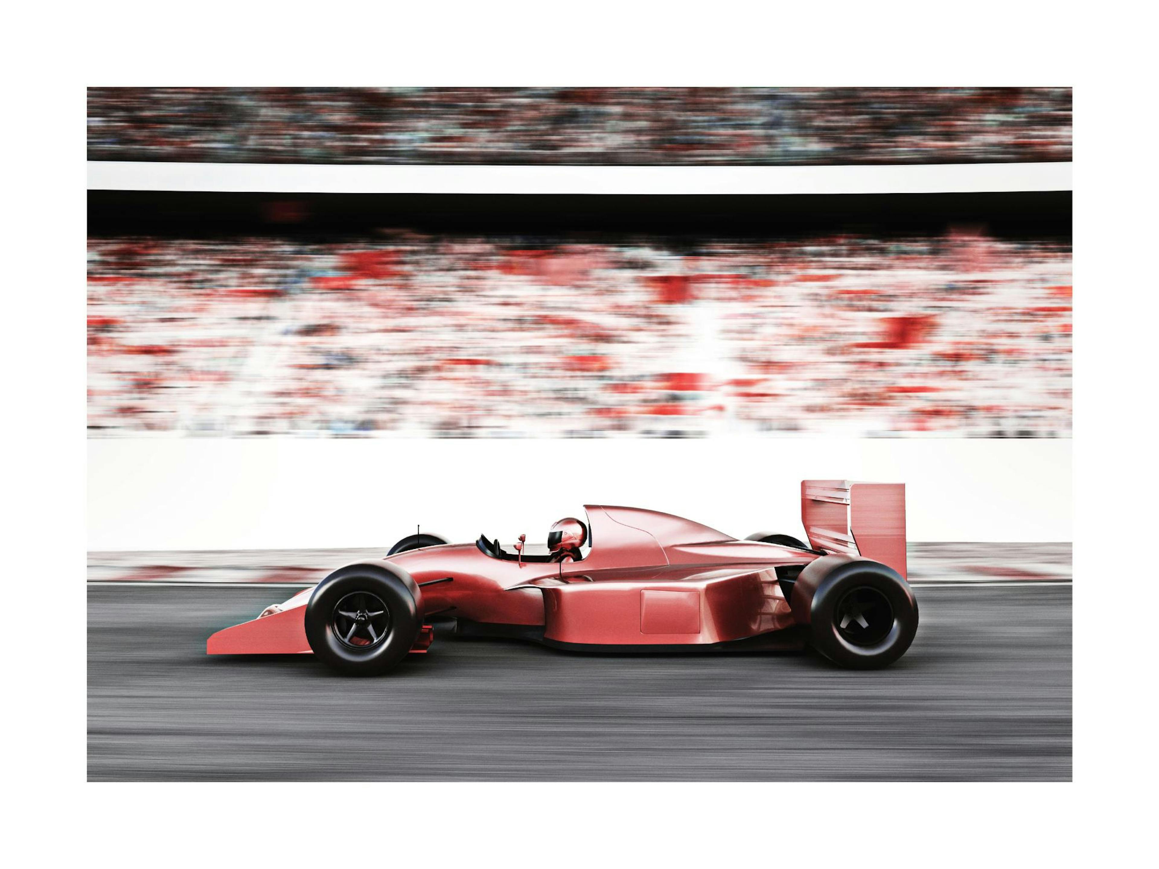 Plakat przedstawia czerwony bolid Formuły 1 pędzący po torze wyścigowym, z rozmytym tłem trybun.