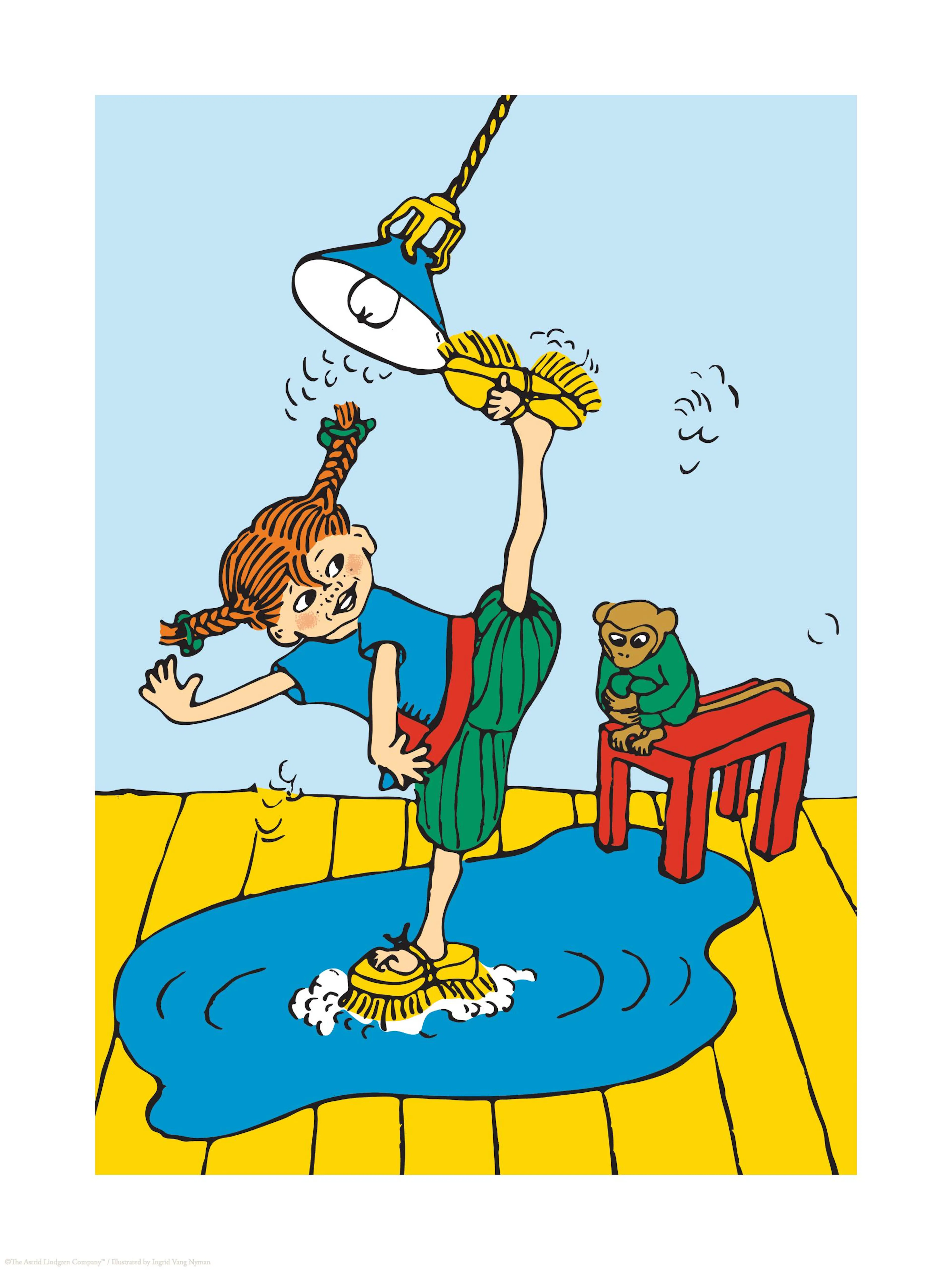 Een poster van Pippi Langkous die de vloer dweilt met een borstel aan haar voet, met meneer Nilsson ernaast.