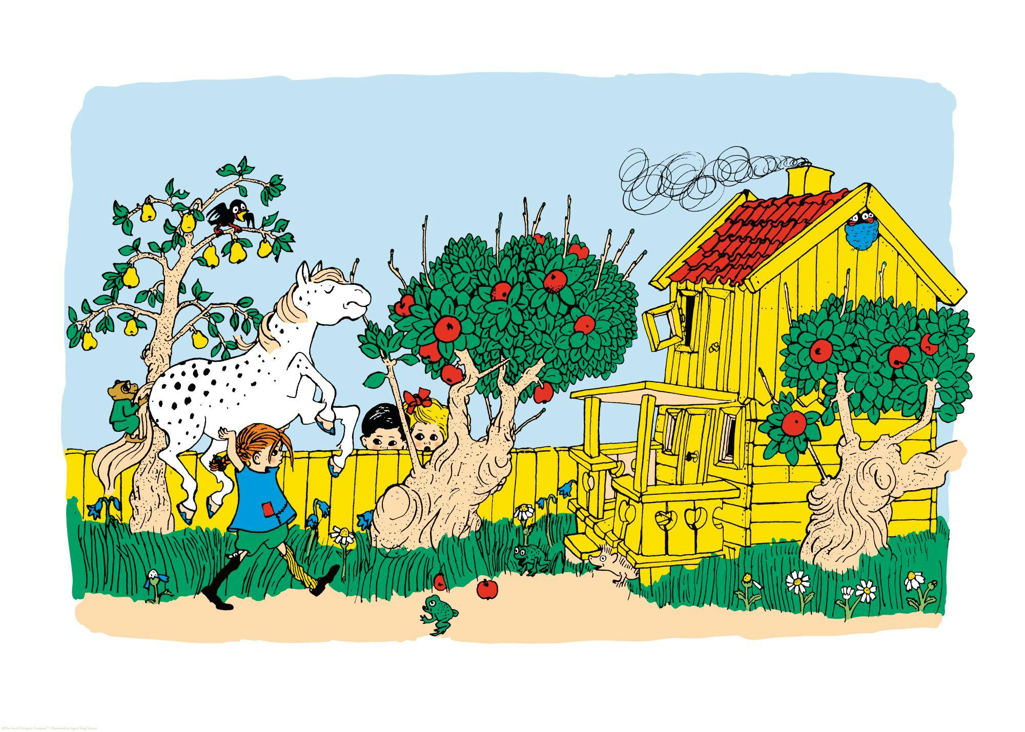 Un poster che illustra Pippi Calzelunghe, un cavallo bianco a pois, un uomo scimmia che mangia pere, e altri bambini dietro una
