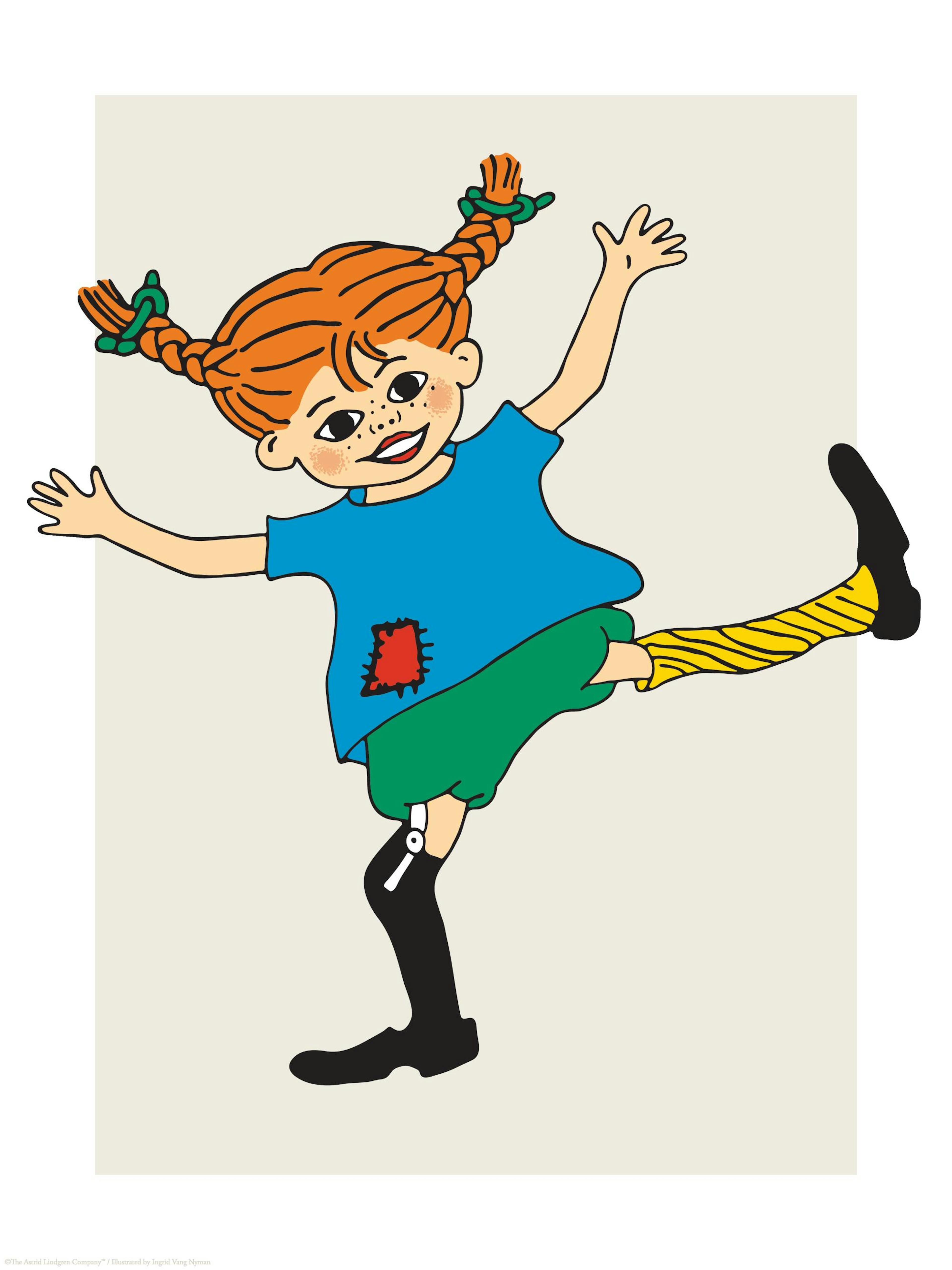 Poster avec une illustration de Fifi Brindacier rousse souriante, bras levés et jambe en lair, sur un fond clair.