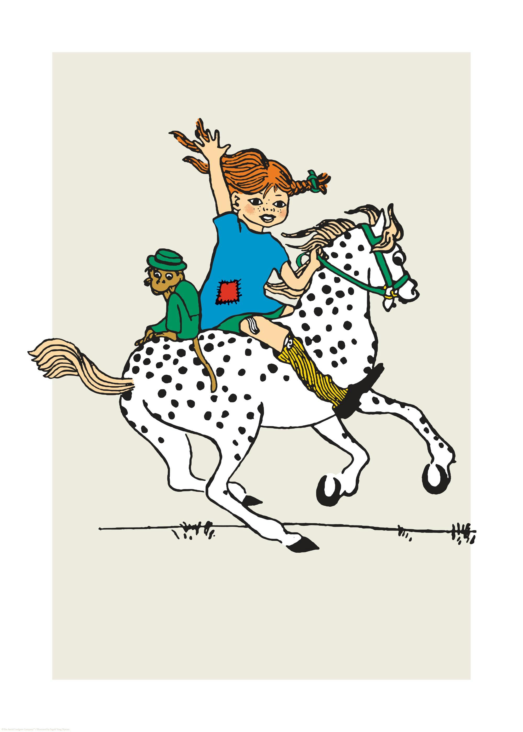 Poster Pippi Calzelunghe, con Pippi in sella a un cavallo bianco a pois neri e la scimmietta Signor Nilsson.