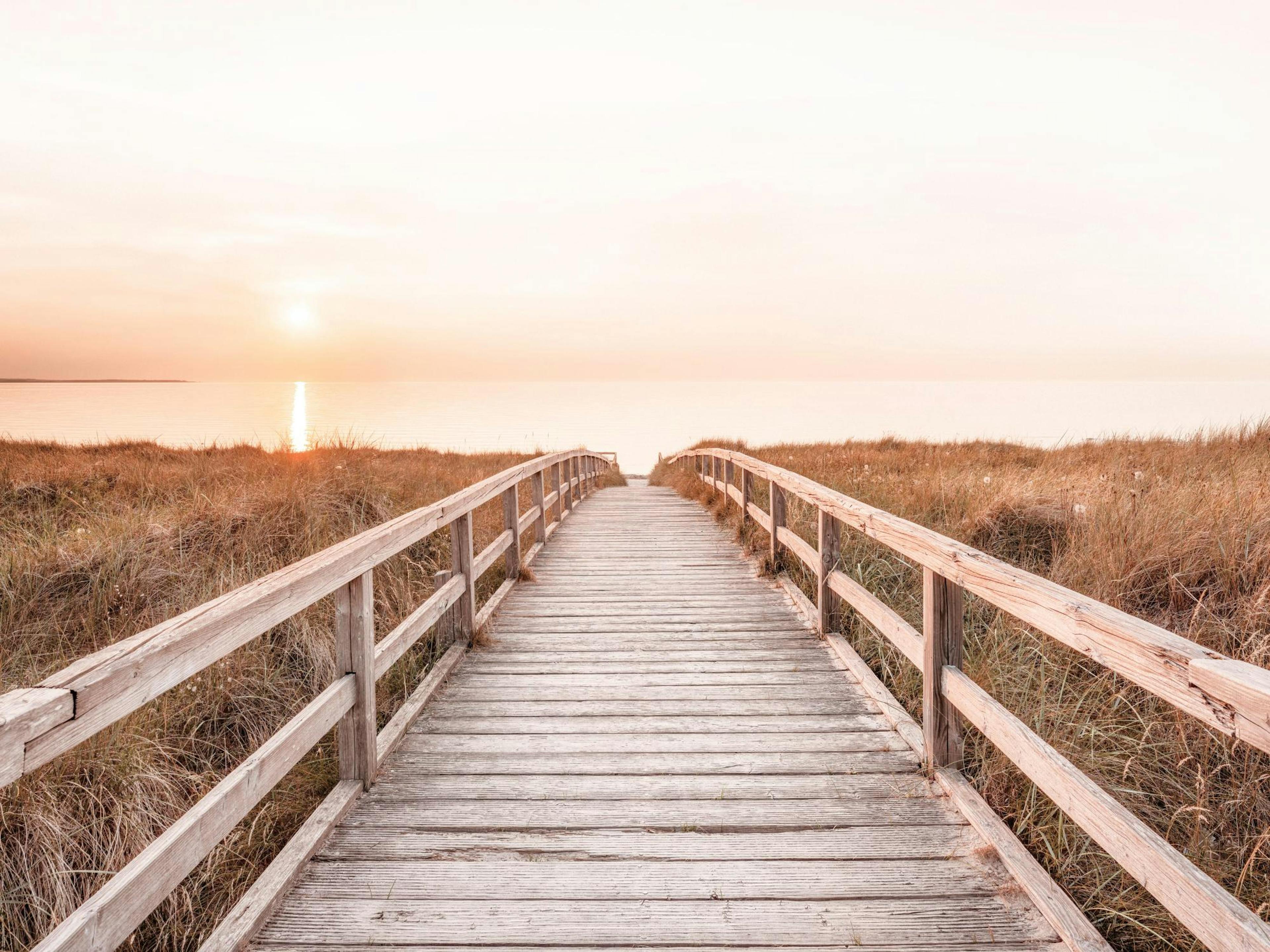 A poster featuring a wooden boardwalk leading to a calm ocean at sunset, with golden sunrays reflecting on the water.