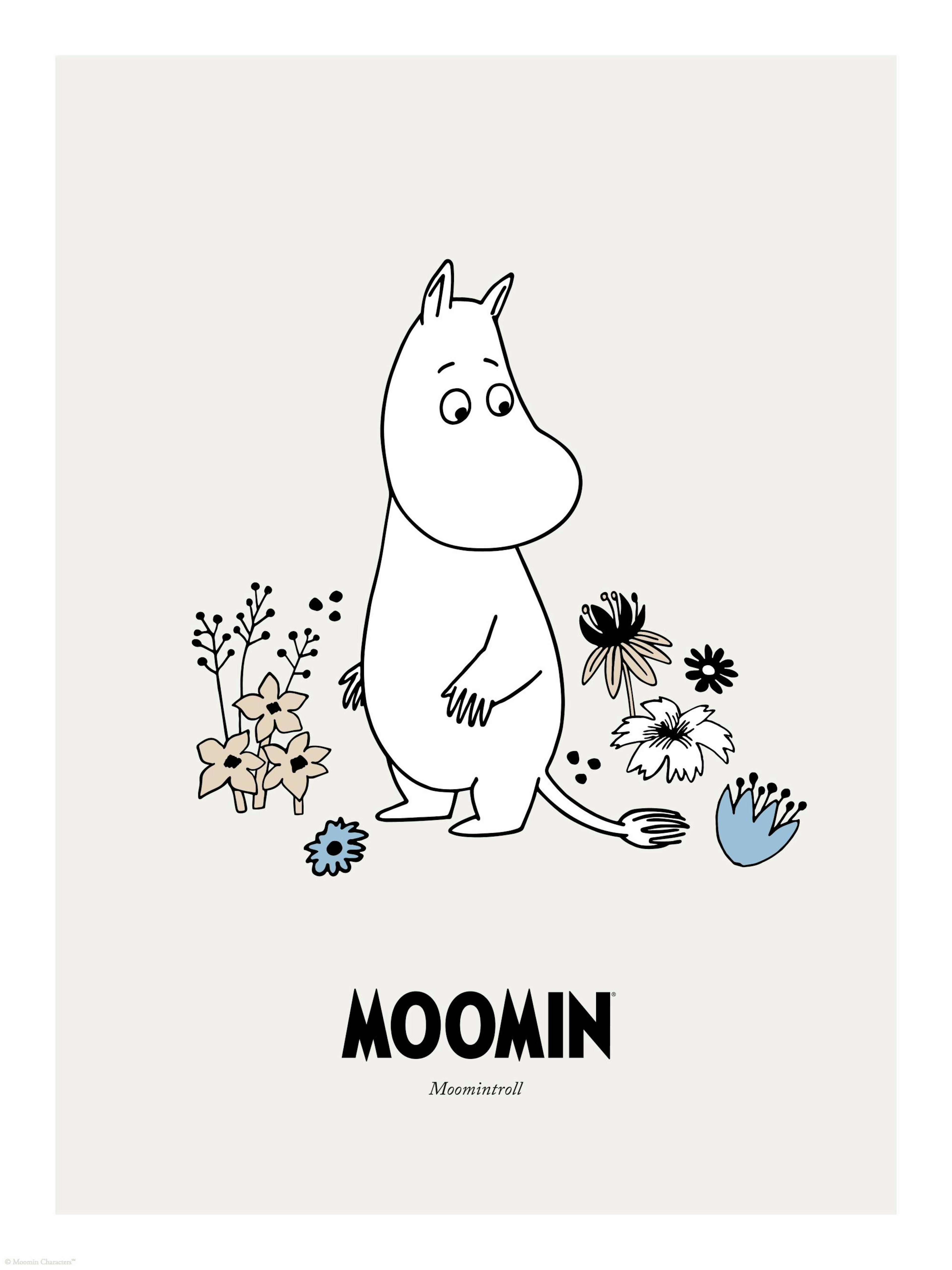 Plakat przedstawiający Muminka w otoczeniu kolorowych kwiatów na jasnym tle, z napisem Moomin poniżej.