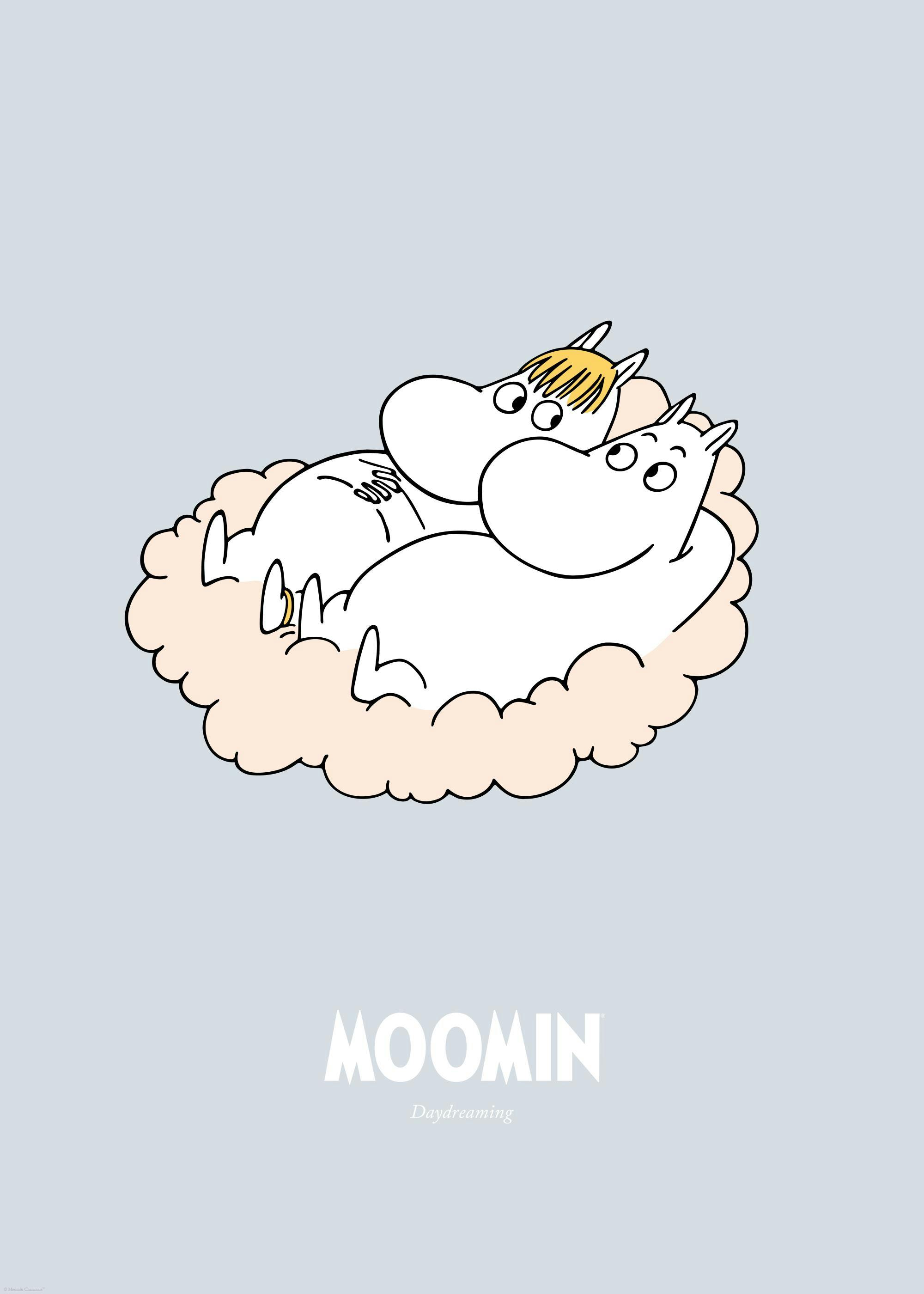 A poster featuring Moomintroll and Snorkmaiden embracing in a pink cloud, on a light blue background.