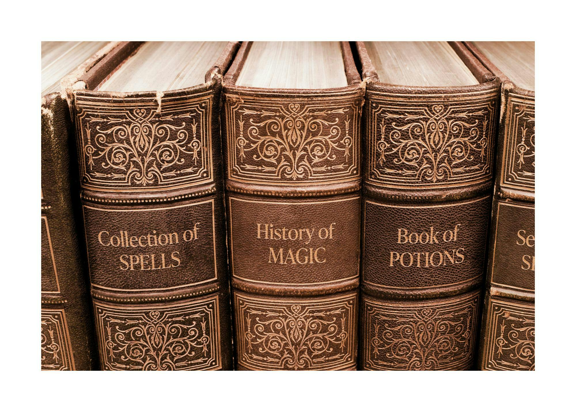 A poster featuring a row of vintage leather-bound spell books with ornate gold detailing and titles like History of MAGIC.