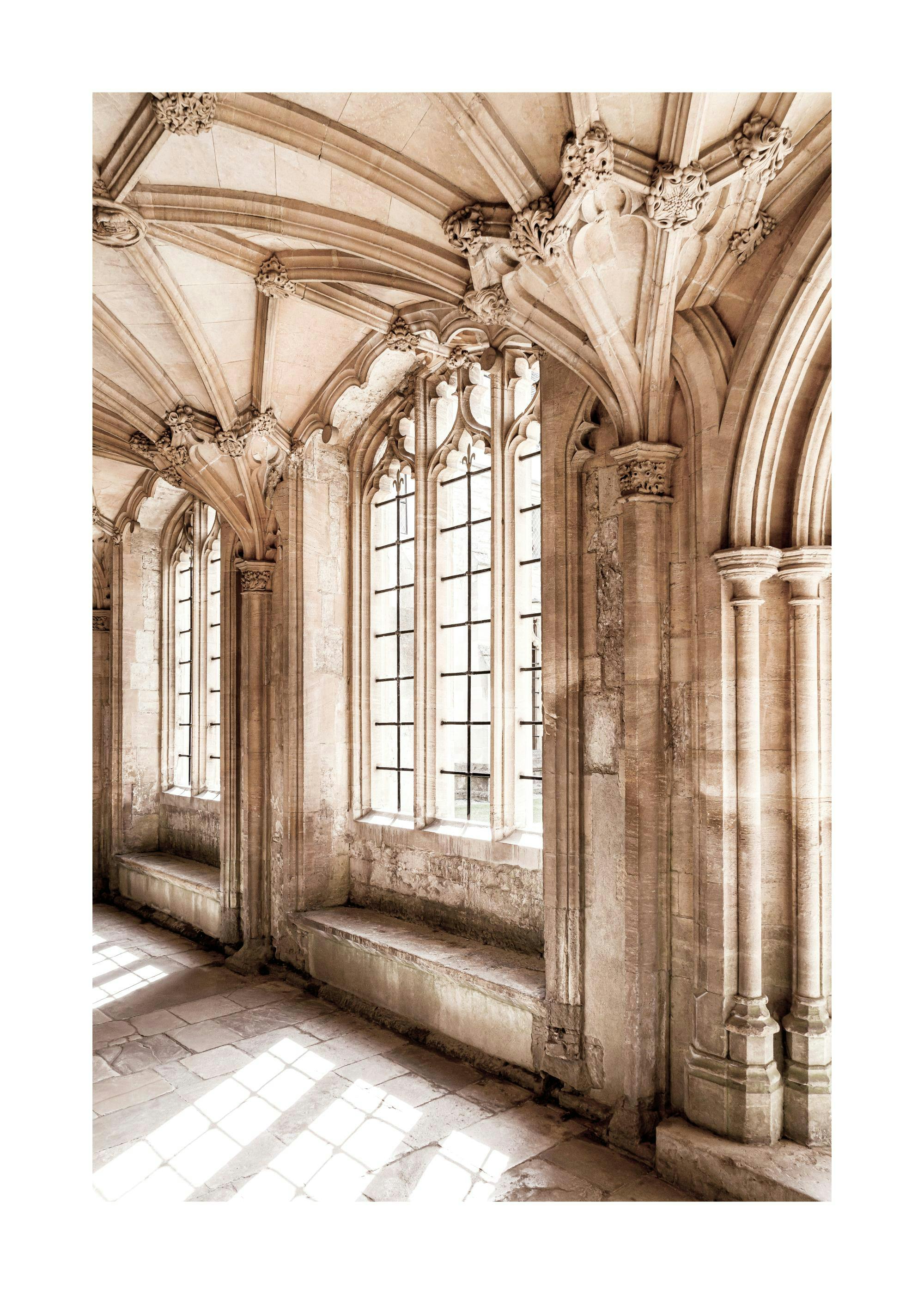 A poster depicting a sunlit stone abbey interior with tall arched windows, ornate vaulted ceilings, and light on the tiled floor