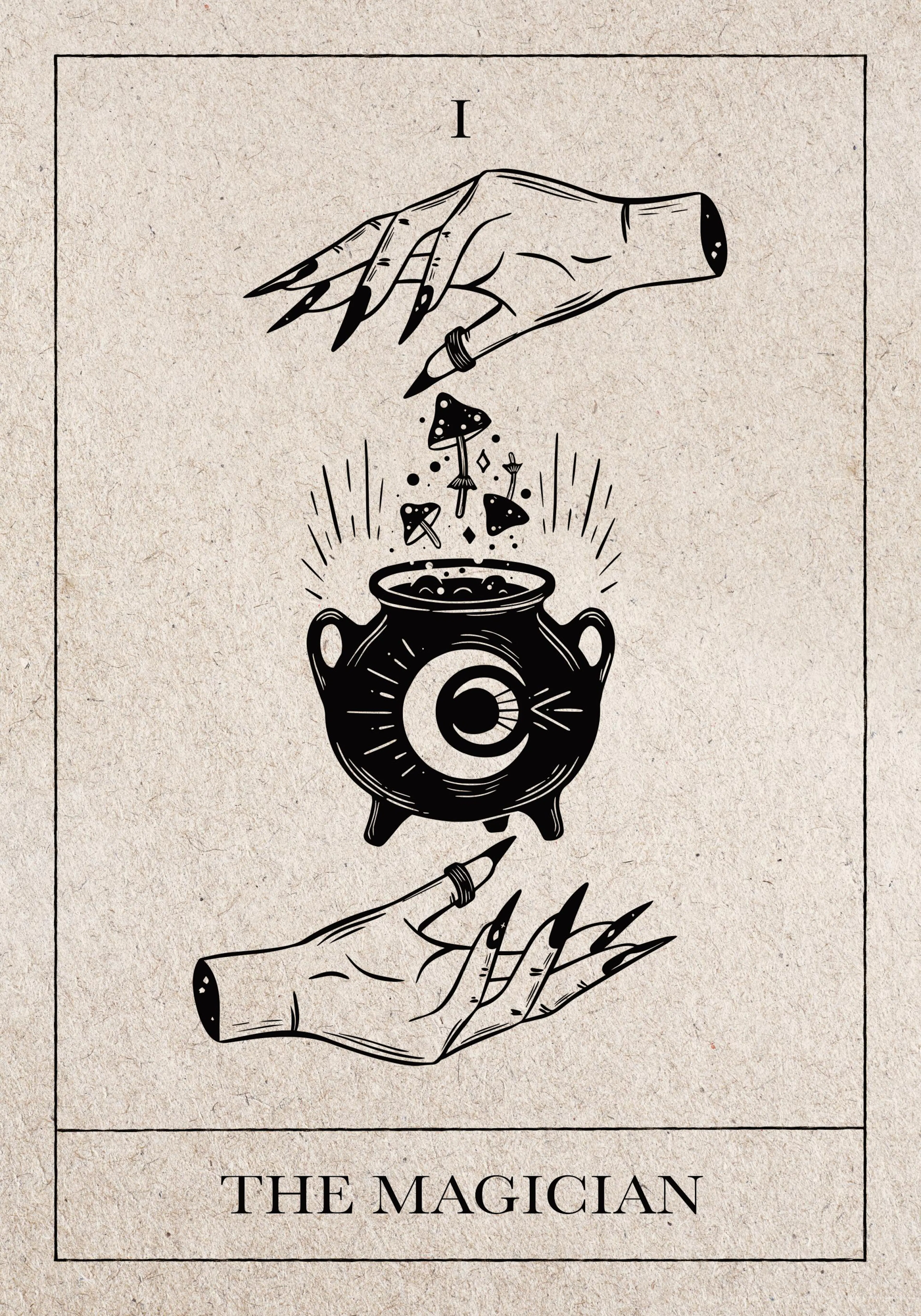 Poster mit Tarotkarte The Magician: Kessel, Pilze und Hände auf beigem Hintergrund.