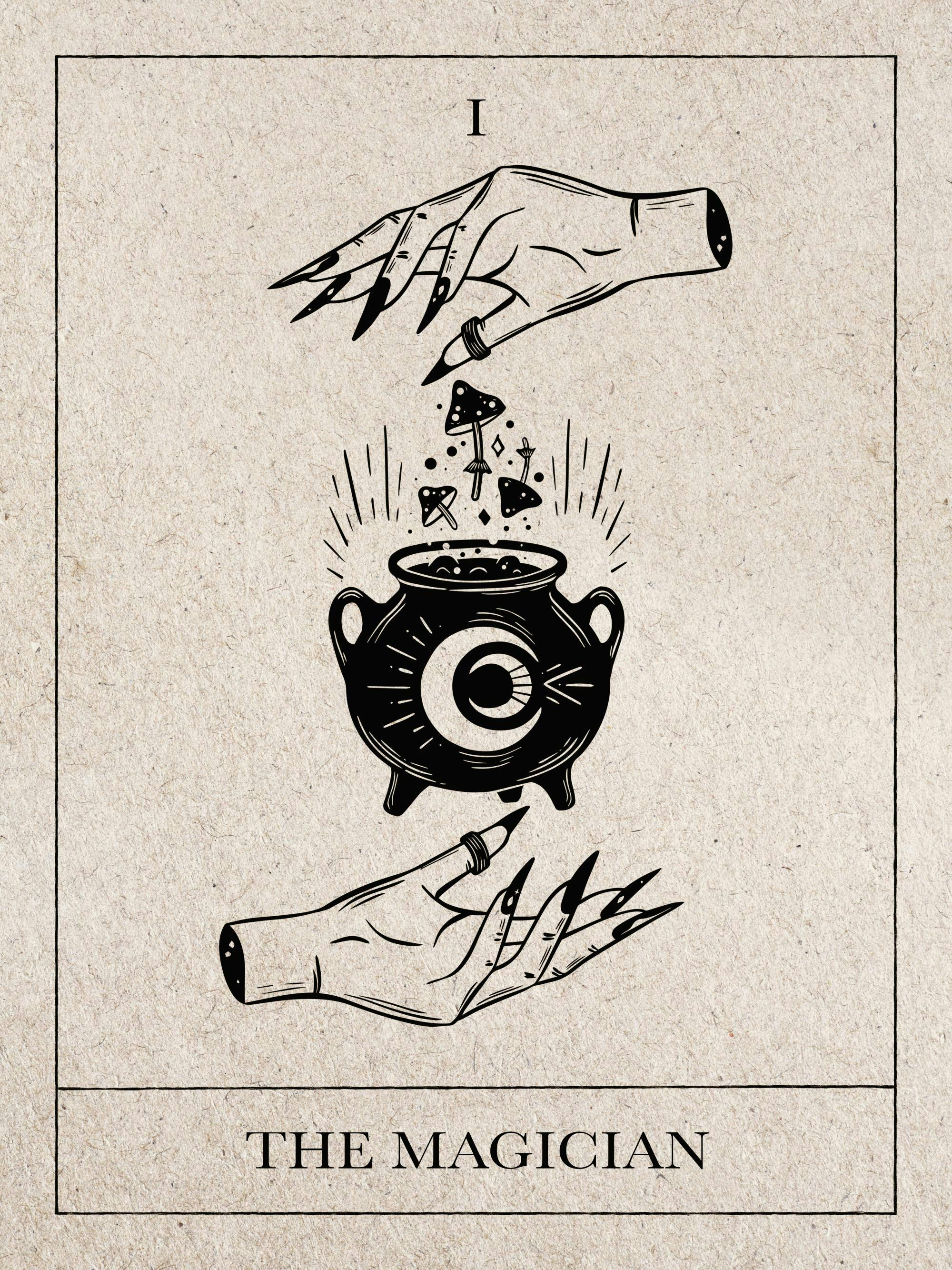 Poster mit Tarotkarte Der Magier, Hände über einem Kessel, aus dem Pilze schweben.