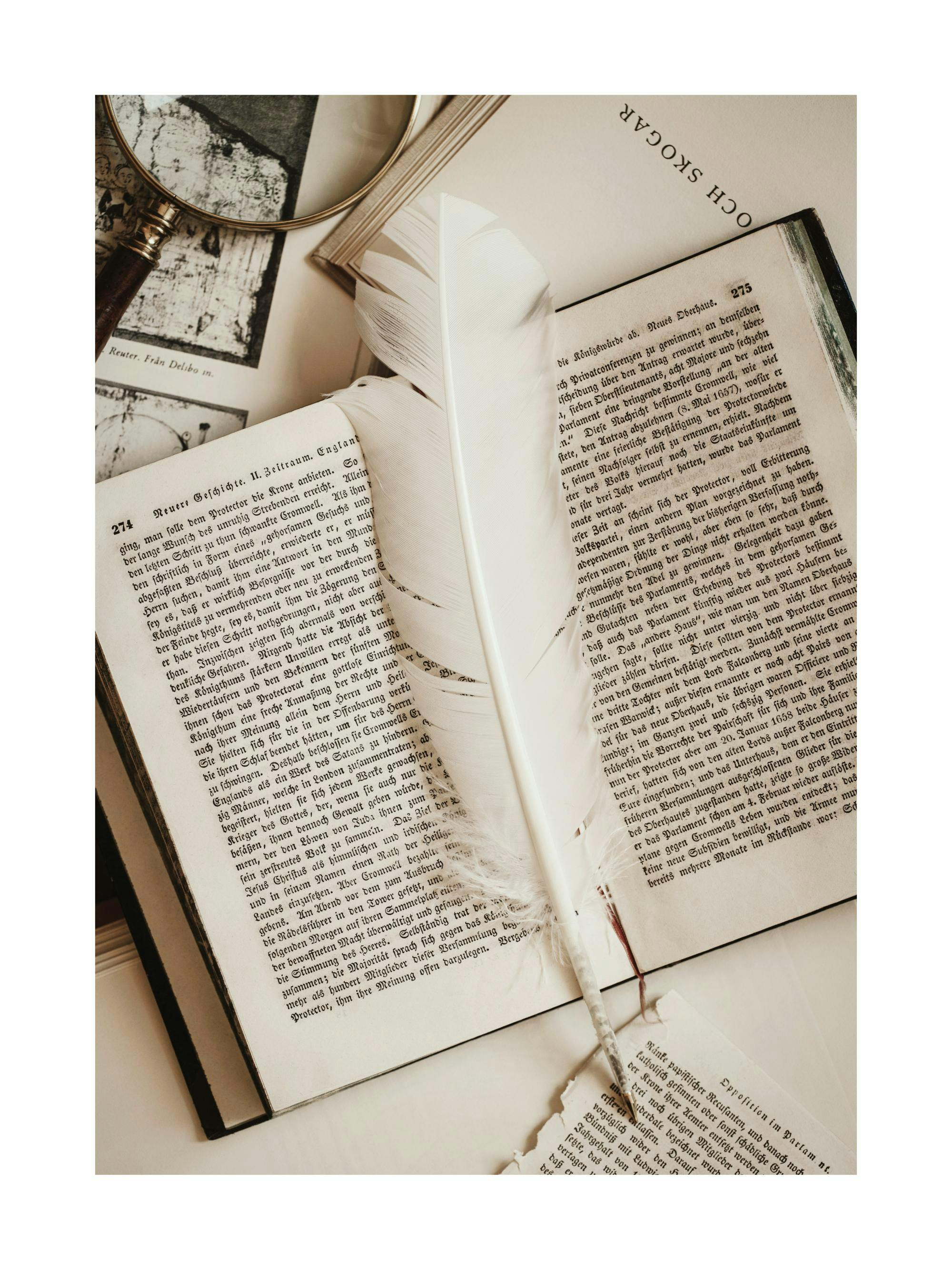 Poster eines geöffneten Buchs mit einer Feder, Lupe und Papierschnipseln in Vintage-Optik.