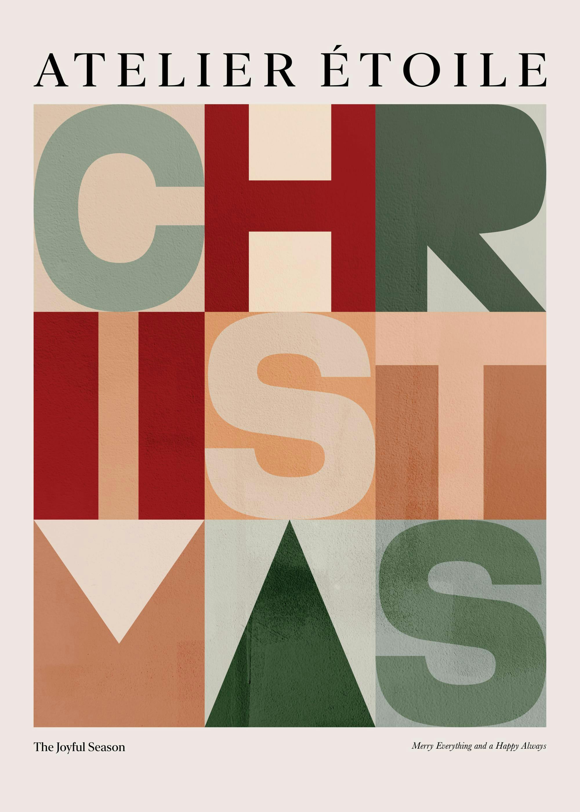 A poster featuring the word CHRISTMAS in large, colourful block letters with textured surfaces in red, green, and neutral tones.
