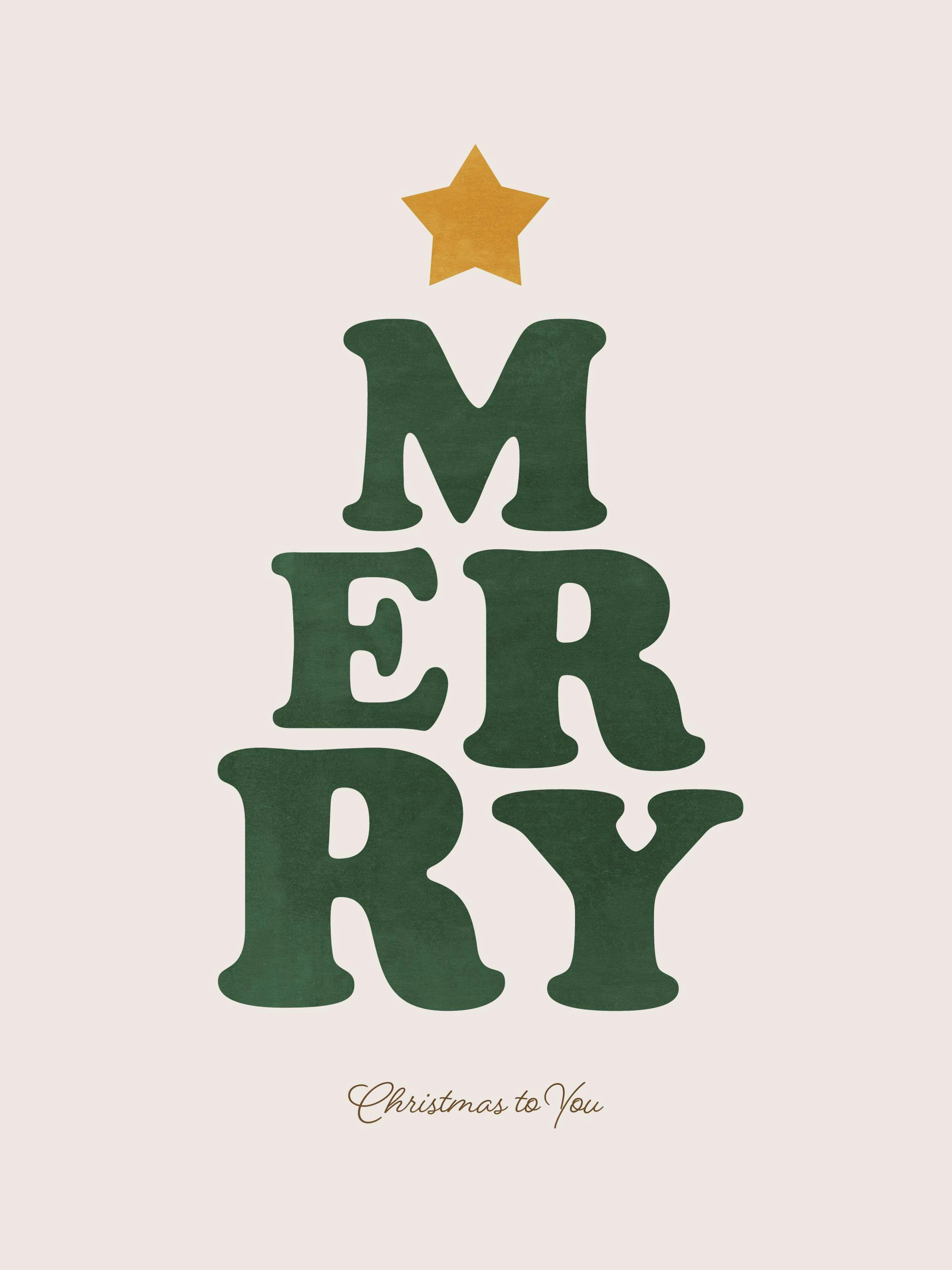 Jouluaiheinen juliste, jossa on tummanvihreä MERRY-teksti joulukuusen muodossa ja yläpuolella kultainen tähti.