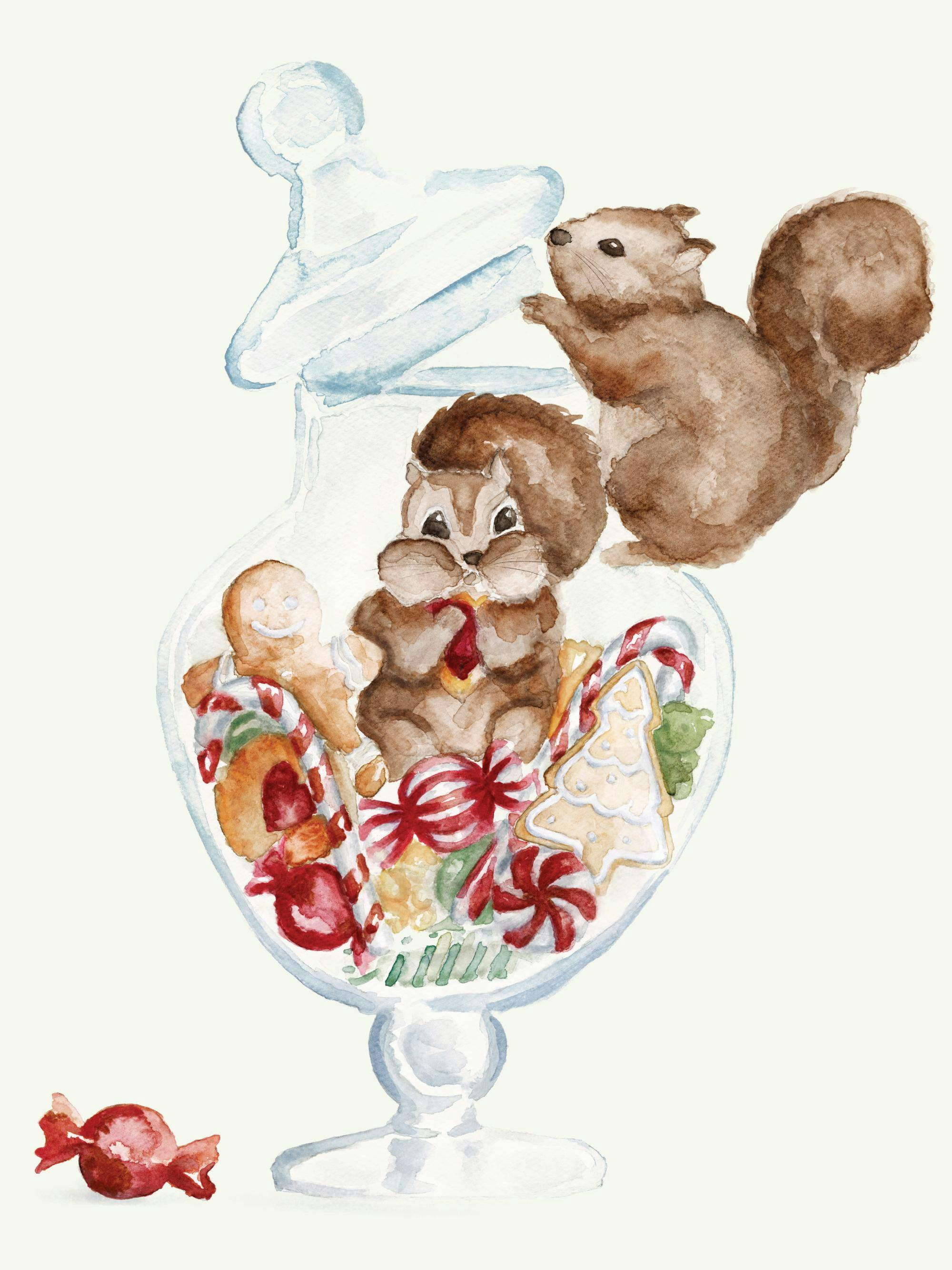 Poster: Aquarellzeichnung mit Eichhörchen, das aus einem Glas voller Weihnachtsgebäck und Süssigkeiten klettert.
