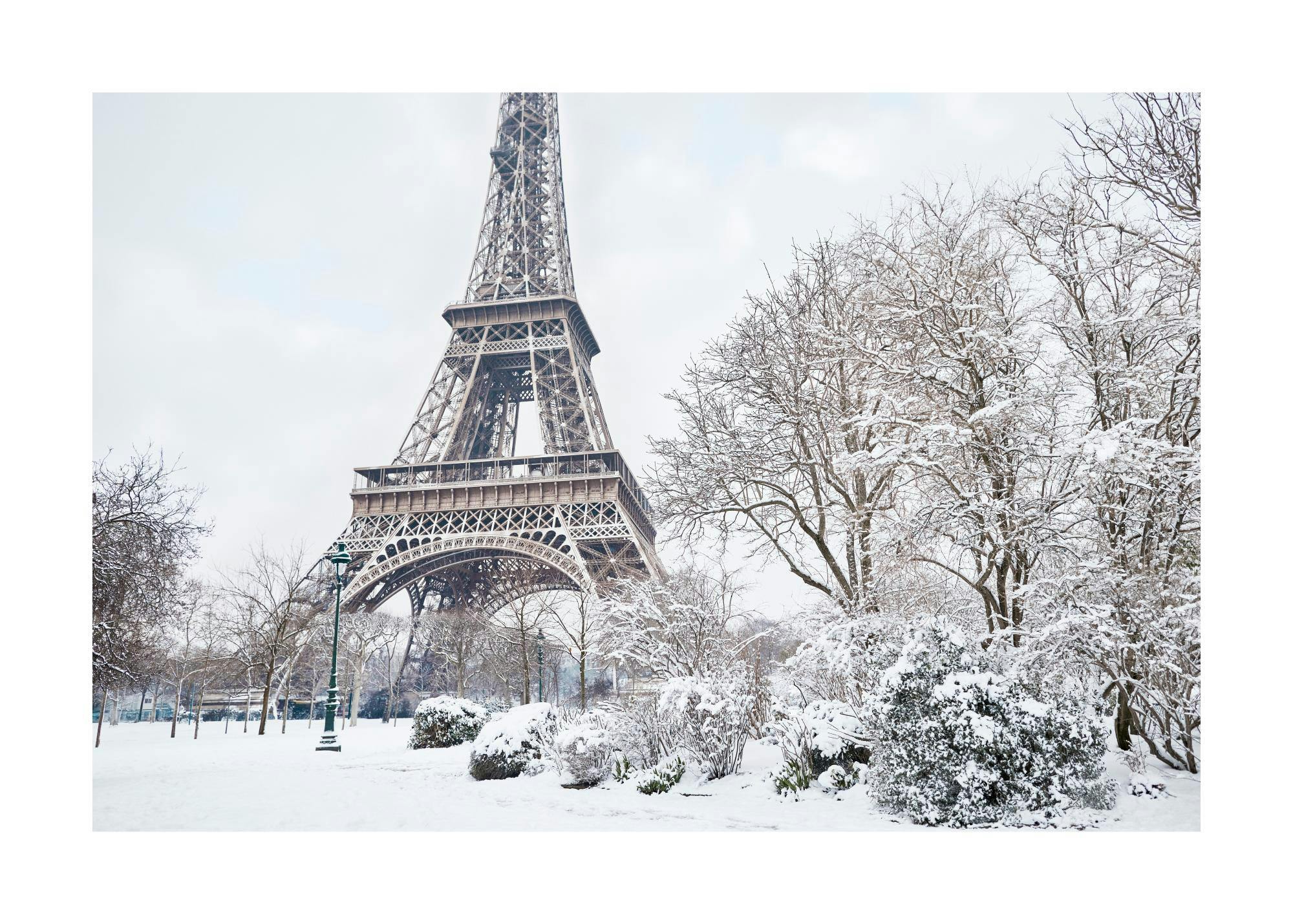 A poster featuring the Eiffel Tower in a snowy park with snow-covered trees and bushes.
