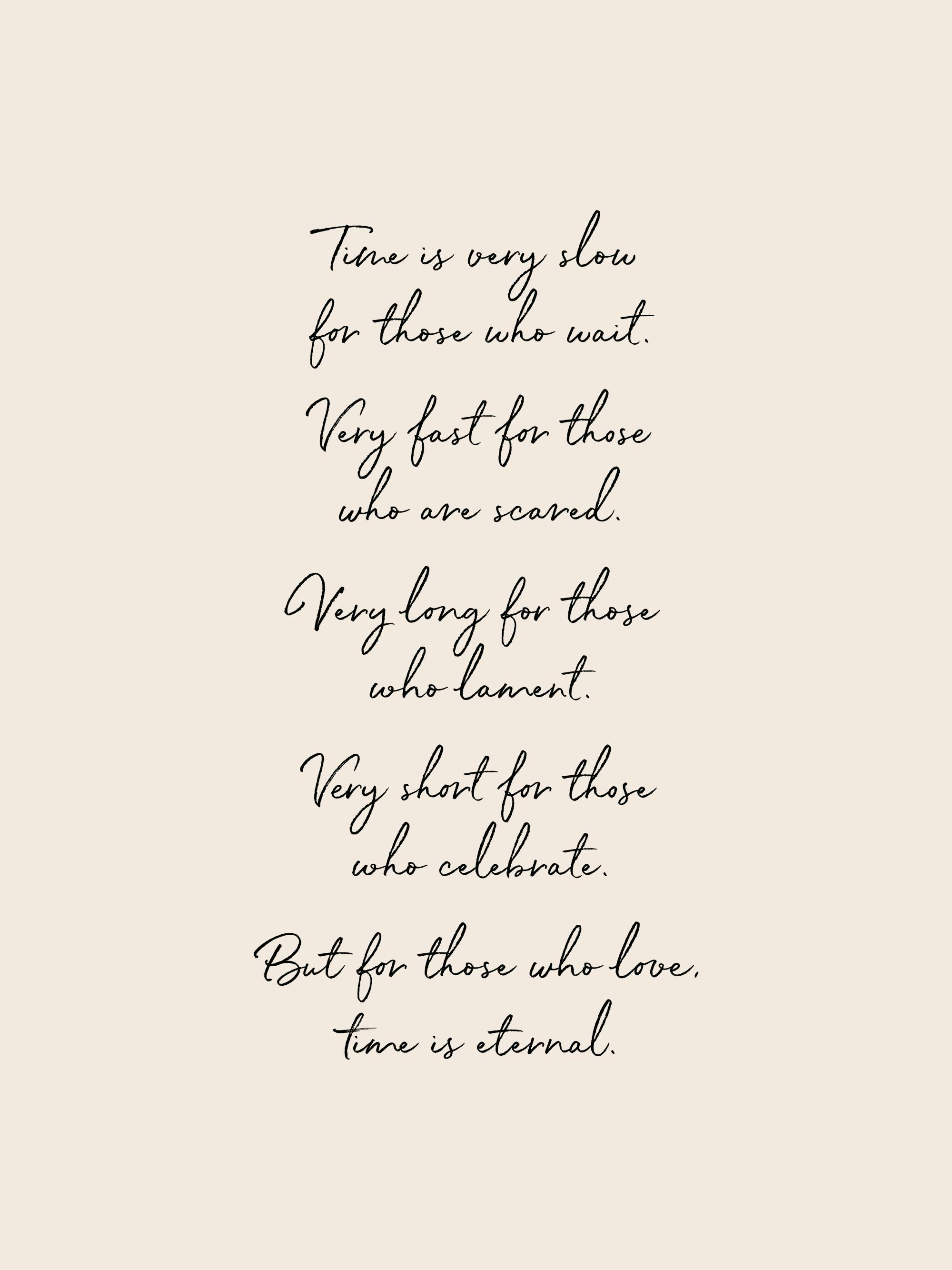 Plakát s milostným citátem Time is very slow for those who wait, very fast for those who are scared, very long for those who lam