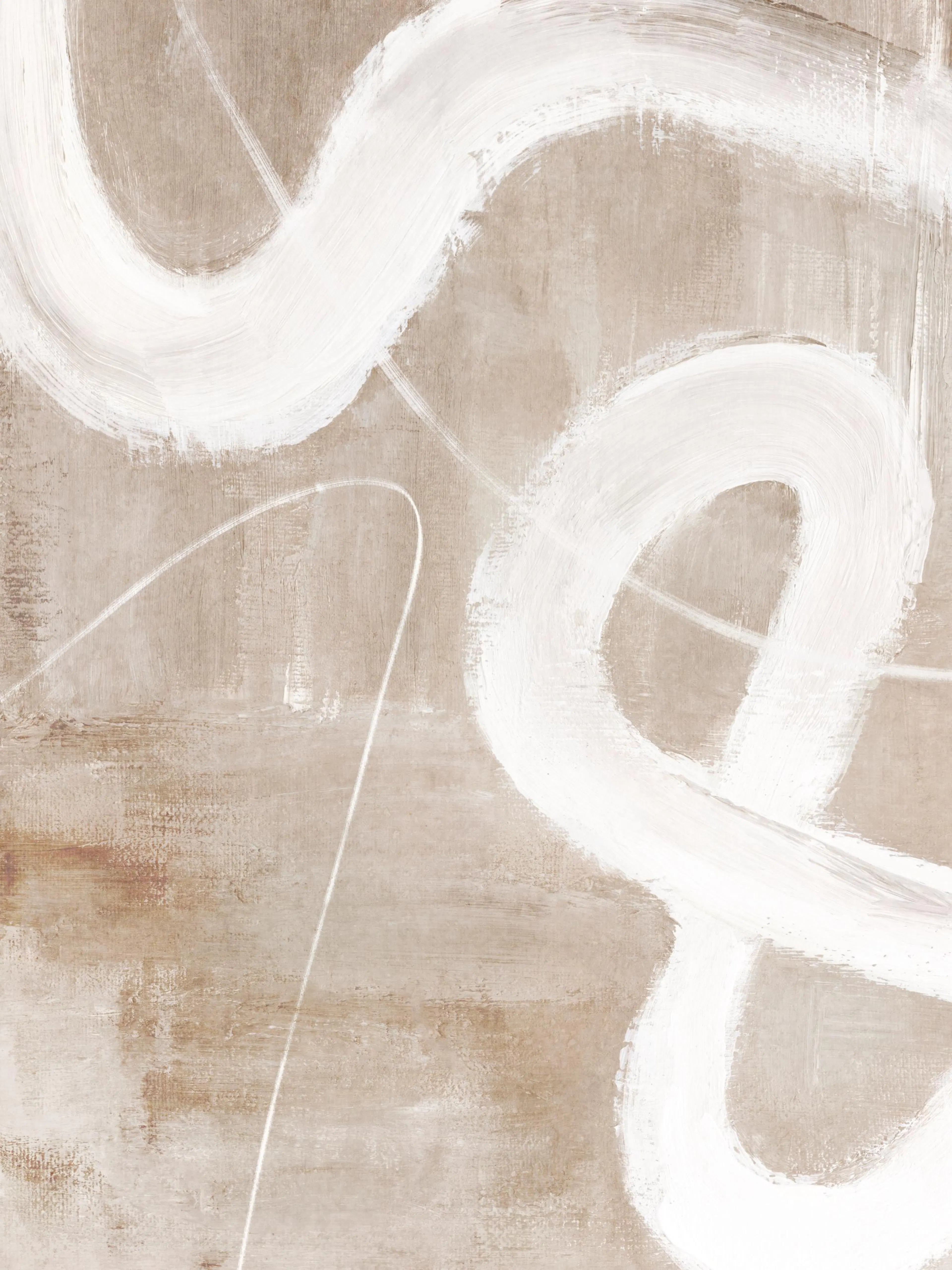 En plakat med abstrakte hvite penselstrøk og tynne linjer på en beige bakgrunn.