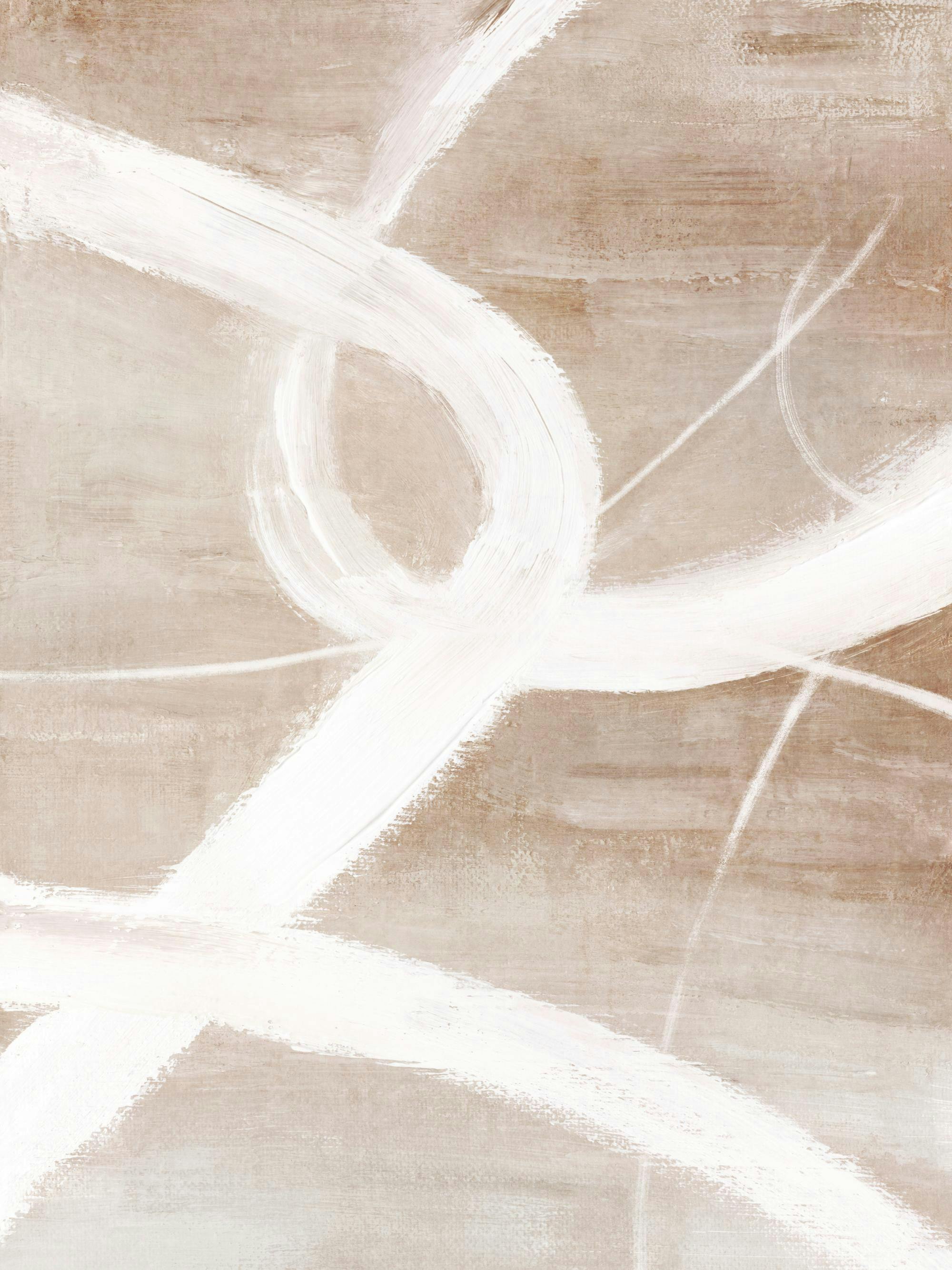 Abstraktní plakát s bílými tahy štětce a tenkými linkami na béžovém pozadí s texturou.