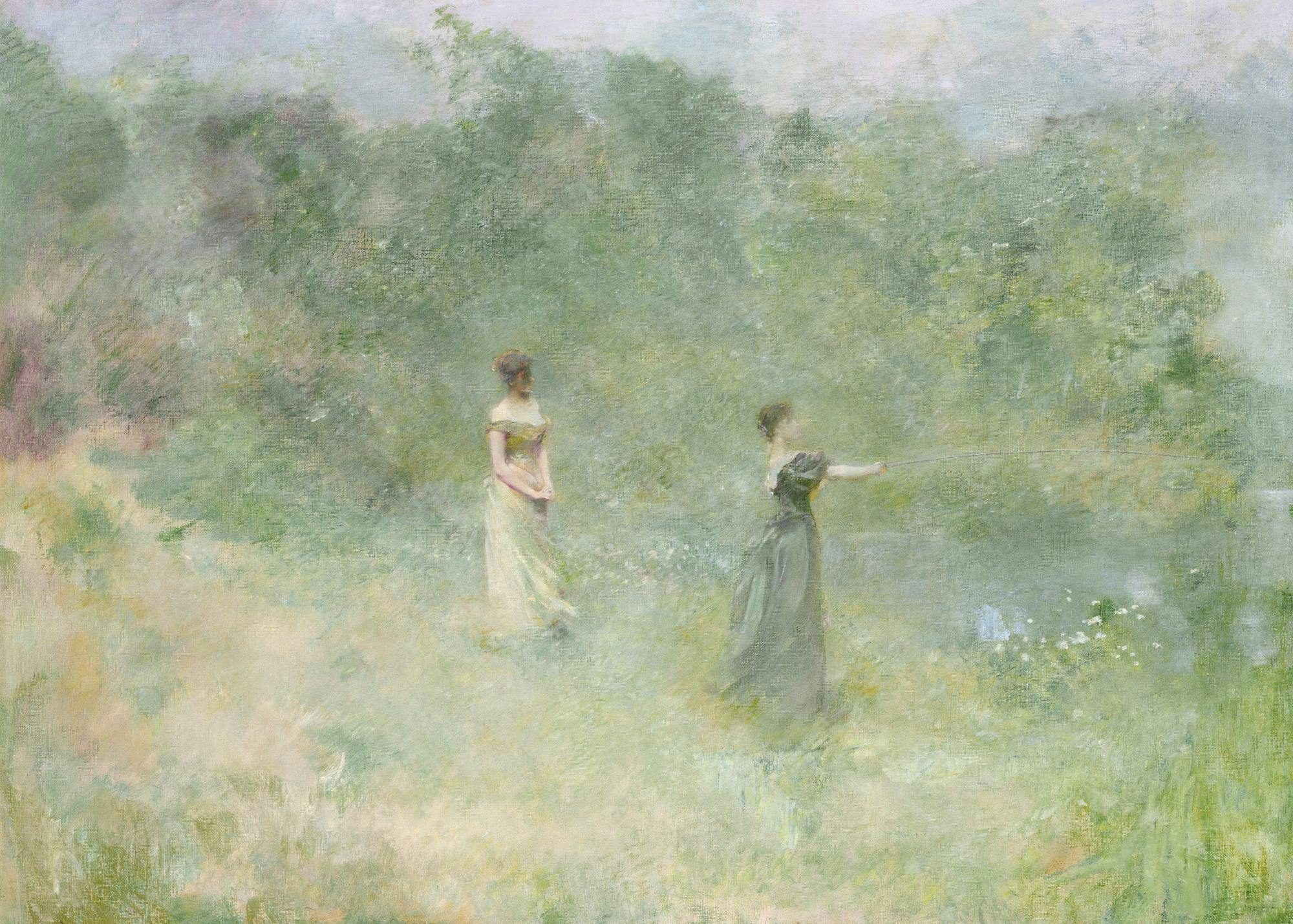 Póster de pintura impresionista de dos mujeres en el campo, con una pescando en un lago y la otra observando.
