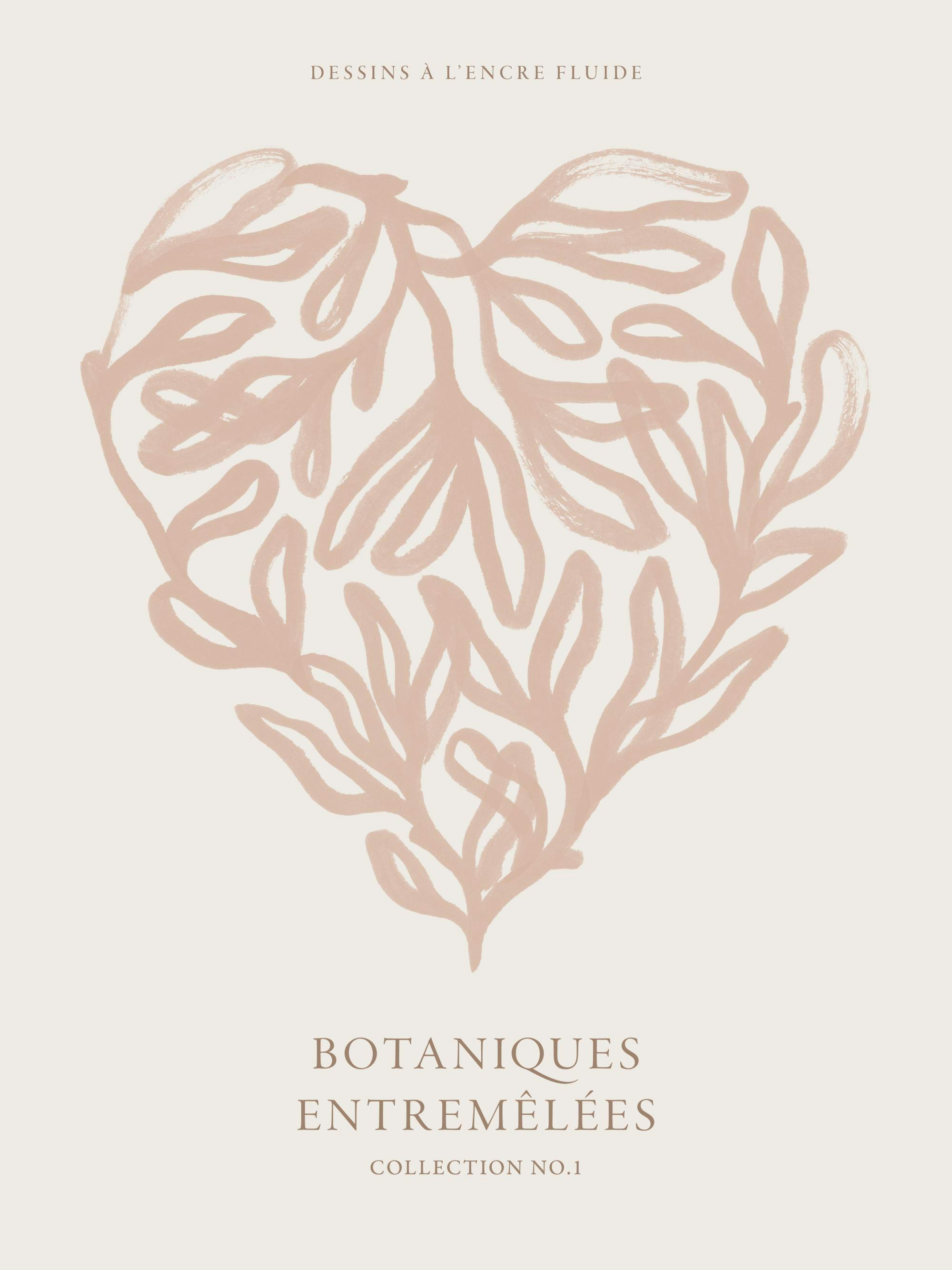 Póster minimalista de hojas botánicas entrelazadas de color rosa claro formando un corazón sobre un fondo crema.