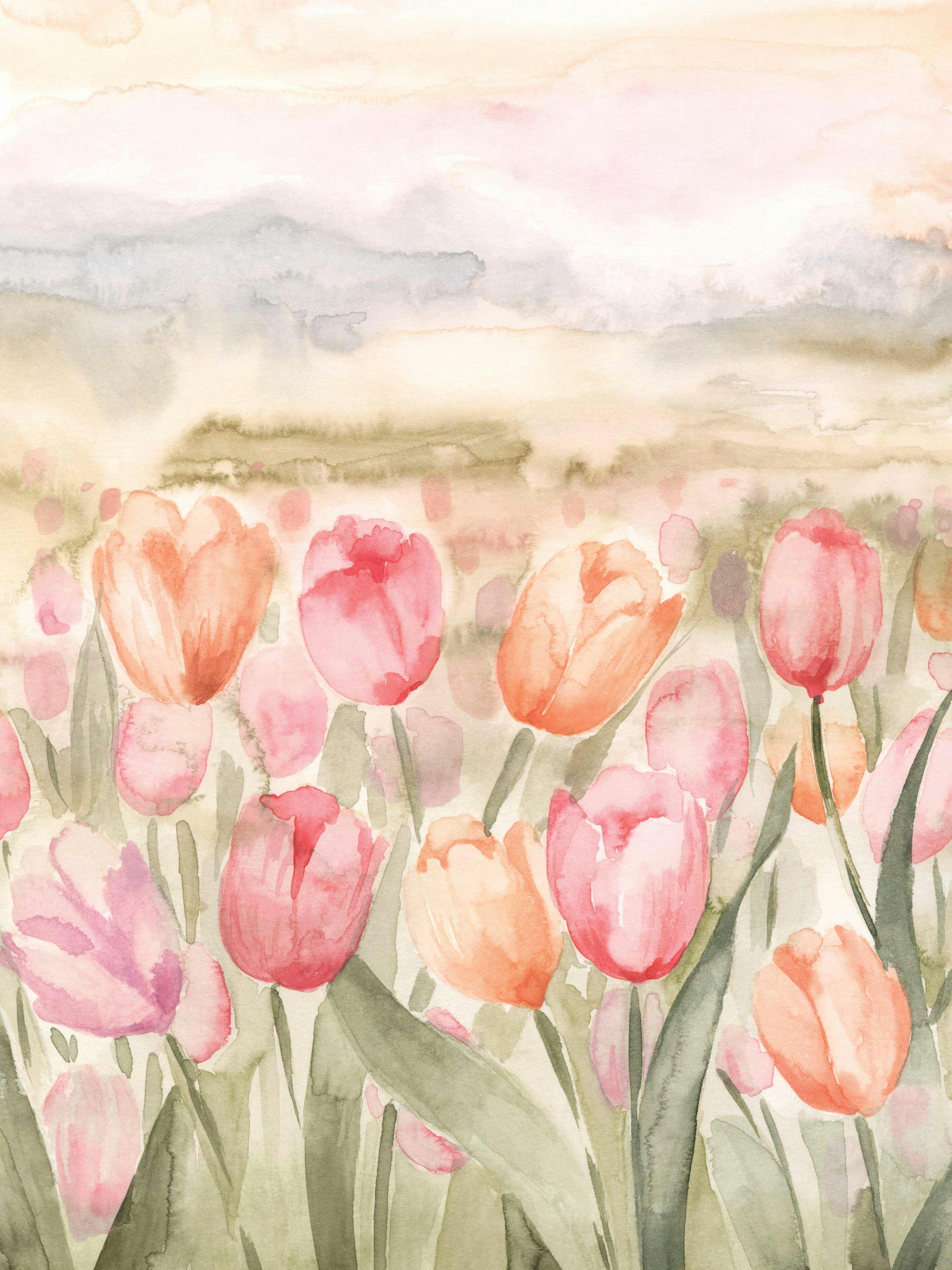 A poster featuring a watercolour painting of a field of pink and orange tulips with green leaves, under a soft pastel sky.