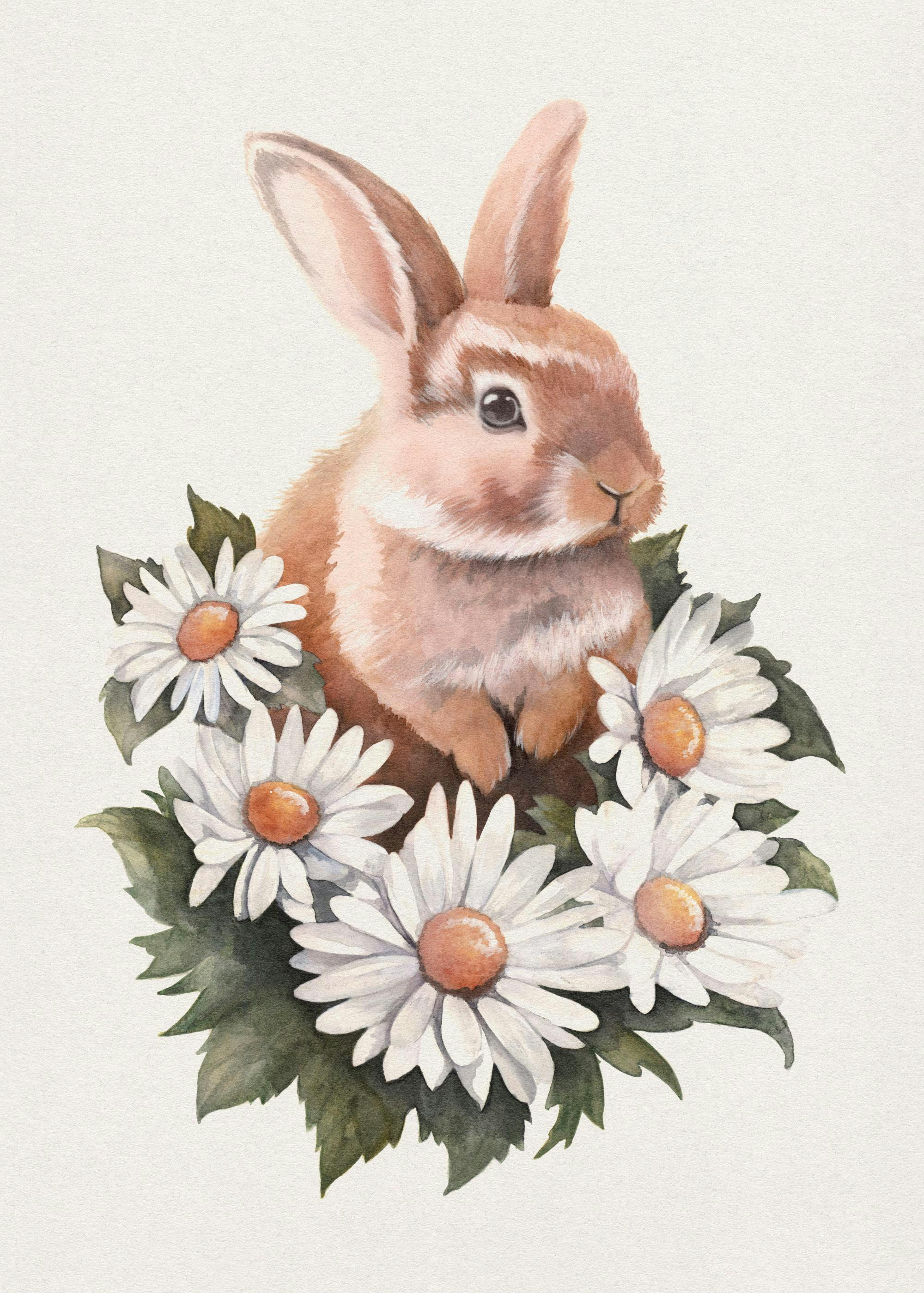 Poster: Ein süßes Häschen mit braunem Fell, umgeben von weißen Gänseblümchen, im Aquarellstil.