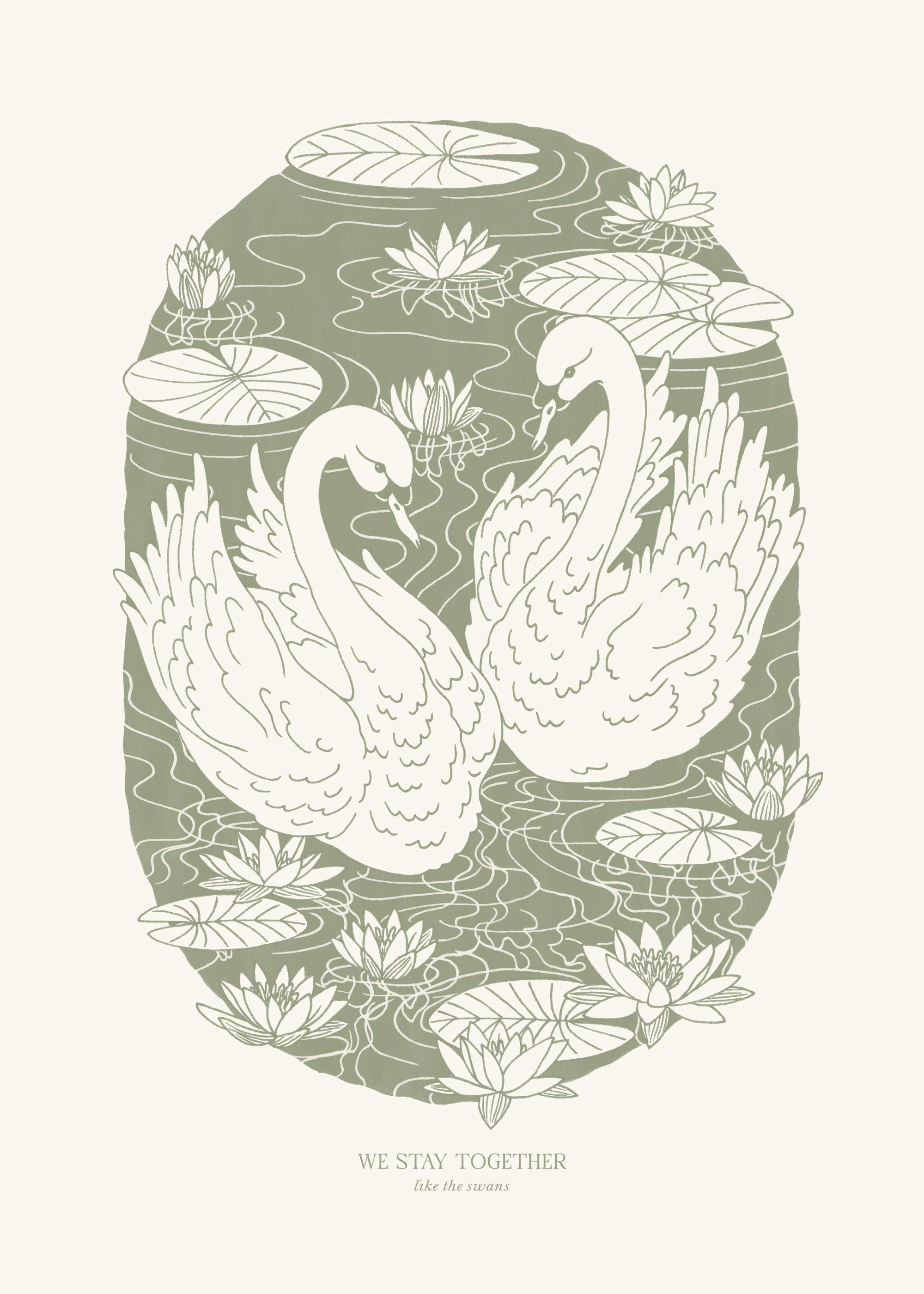 A poster featuring two white swans on a green pond with lily pads and flowers, surrounded by an oval border.