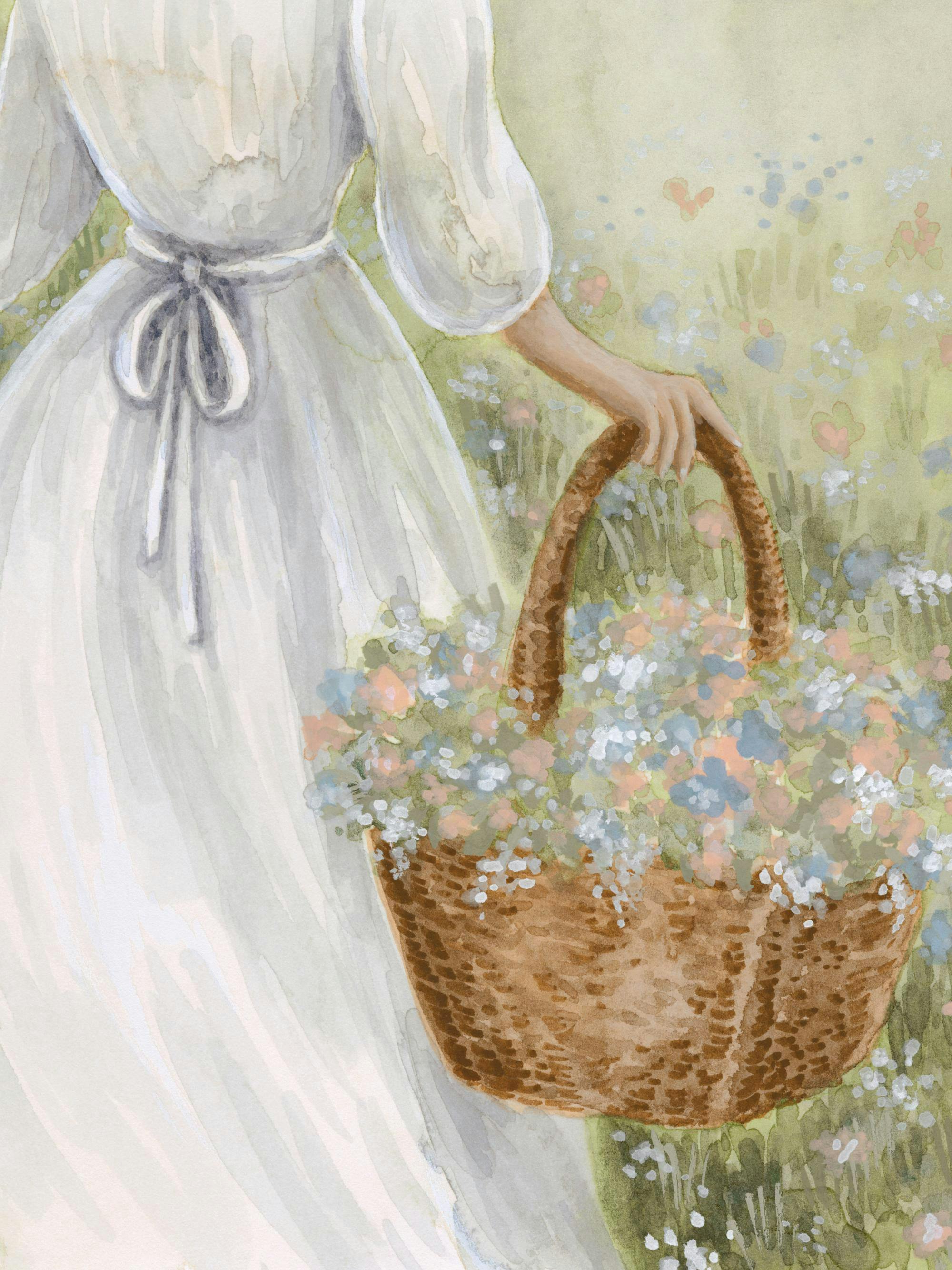Akvarellijuliste, jossa nainen valkoisessa mekossa kantaa kukkakoria niityllä, täynnä vaaleanpunaisia ja sinisiä kukkia.