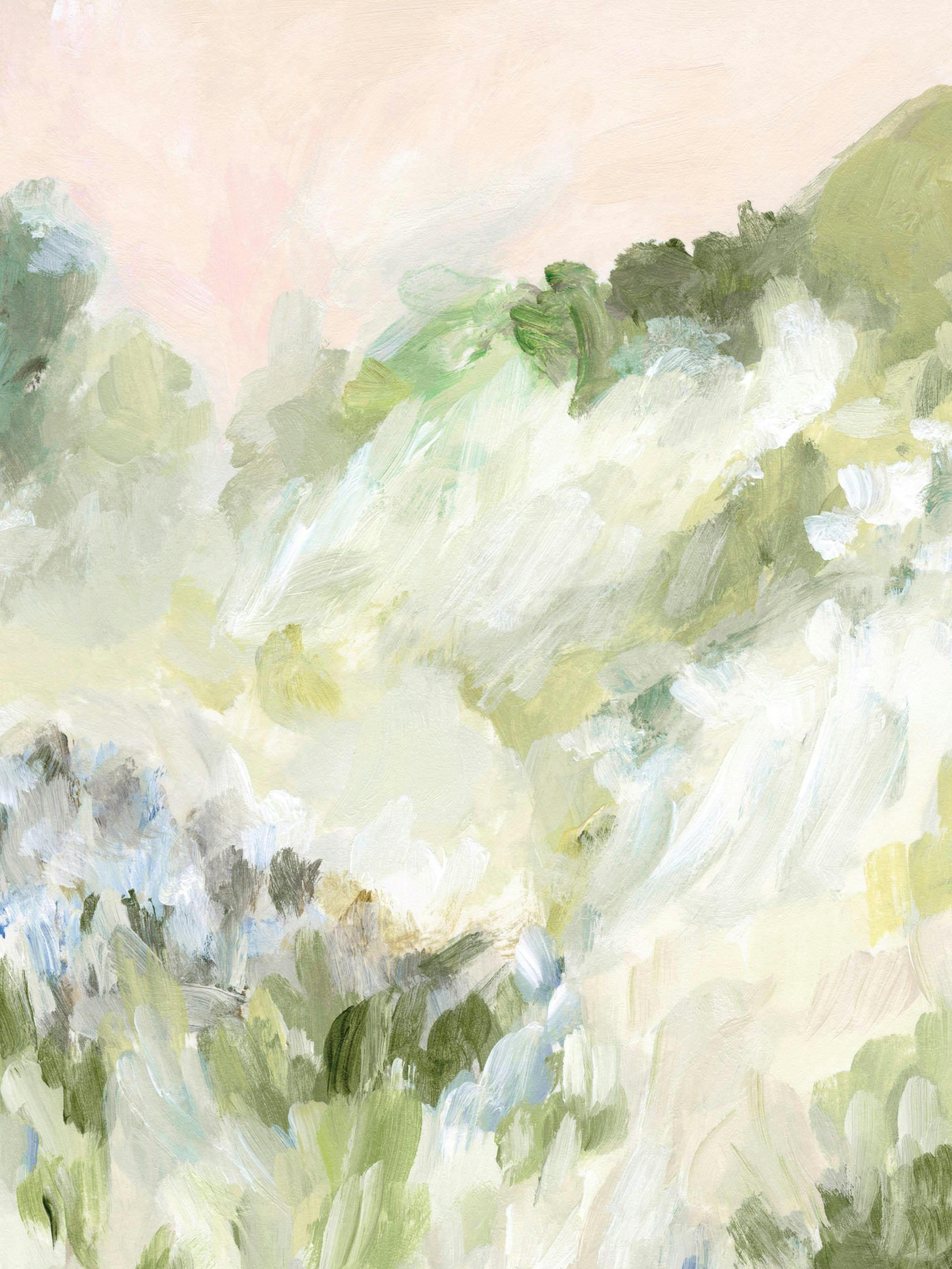 淡いピンクの空の下、抽象的な緑と白のブラシストロークで描かれたポスター。