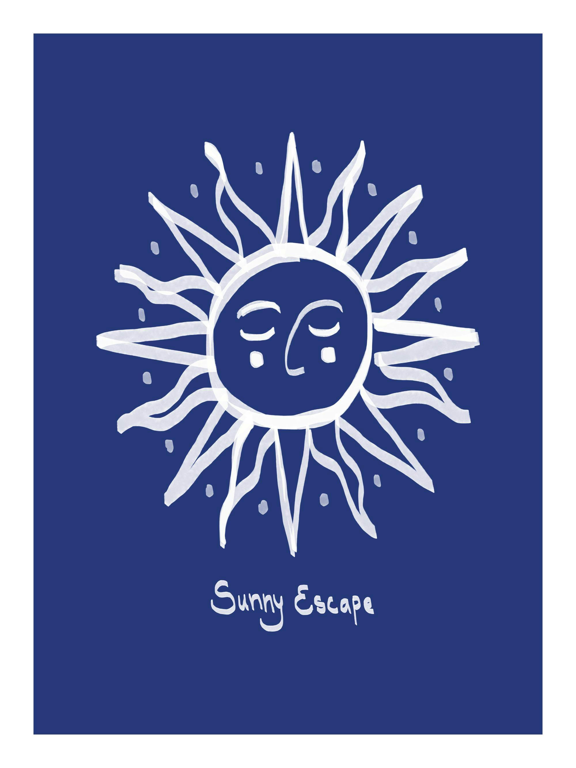 A poster featuring a whimsical white sun graphic with closed eyes and radiating rays on a solid blue background.