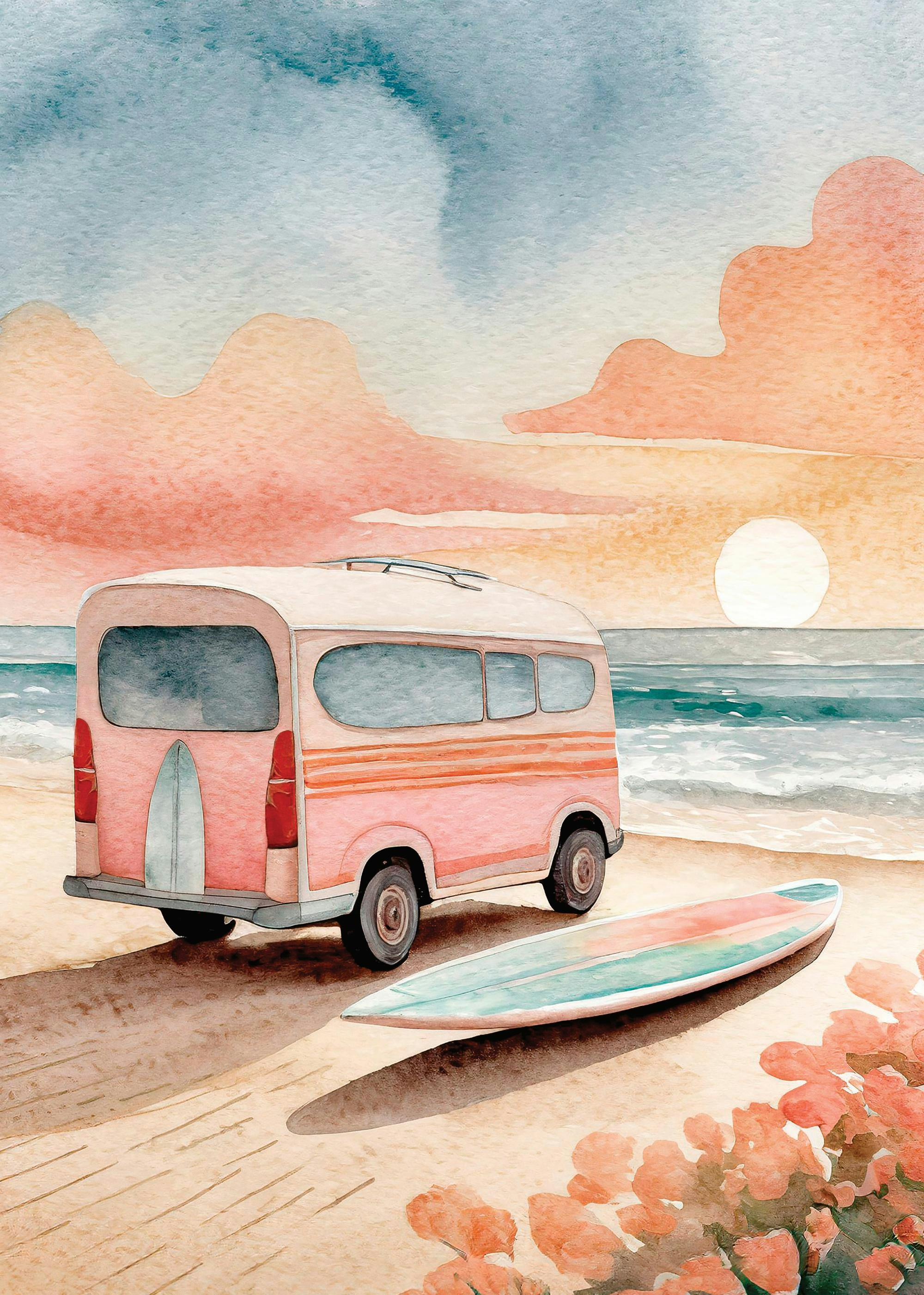 Poster eines rosafarbenen Campingbusses und eines Surfbretts am Strand bei Sonnenuntergang, mit Blumen im Vordergrund.