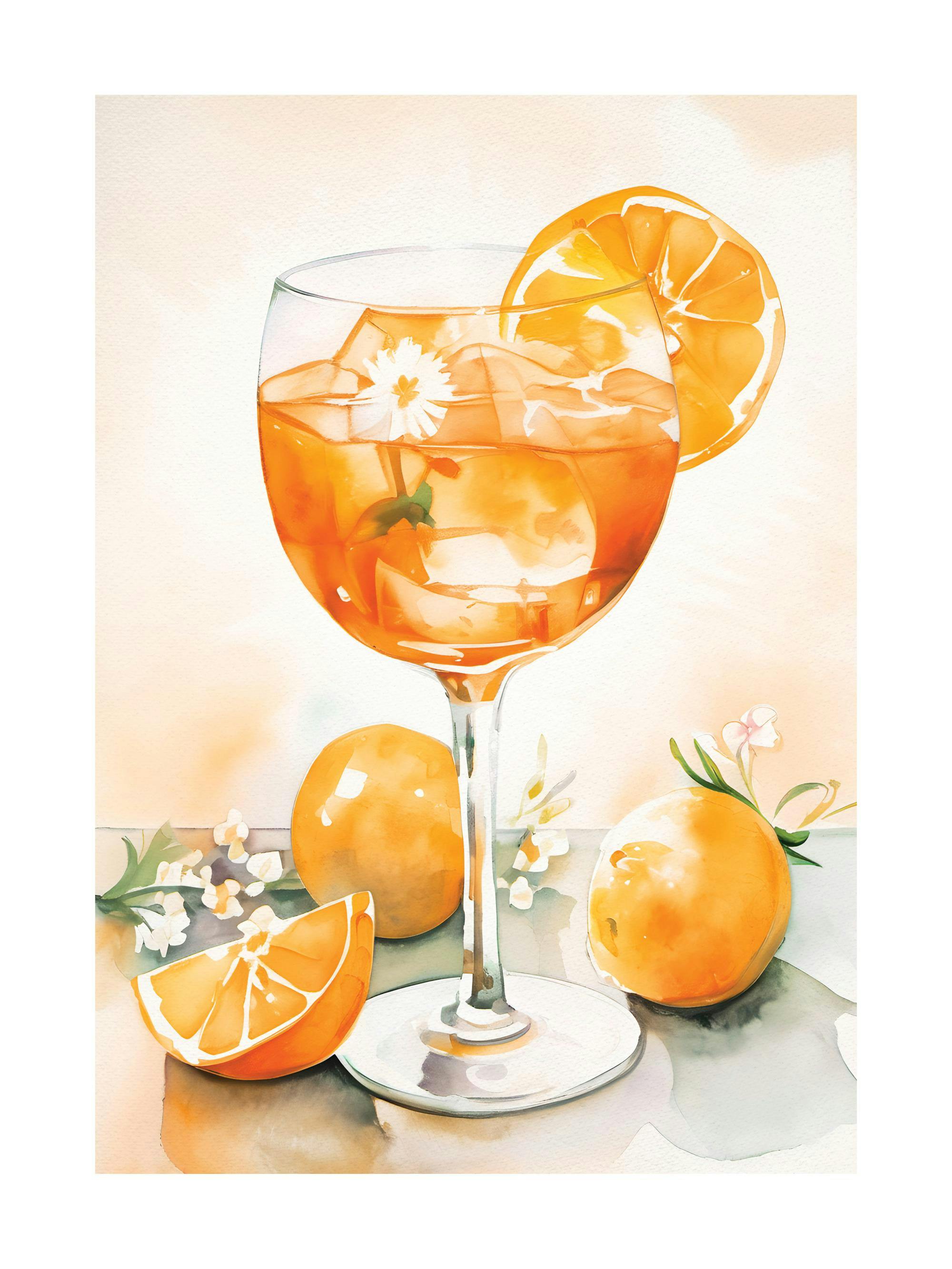 A watercolour poster of a vibrant orange cocktail in a glass with ice and an orange slice, surrounded by whole and cut oranges.
