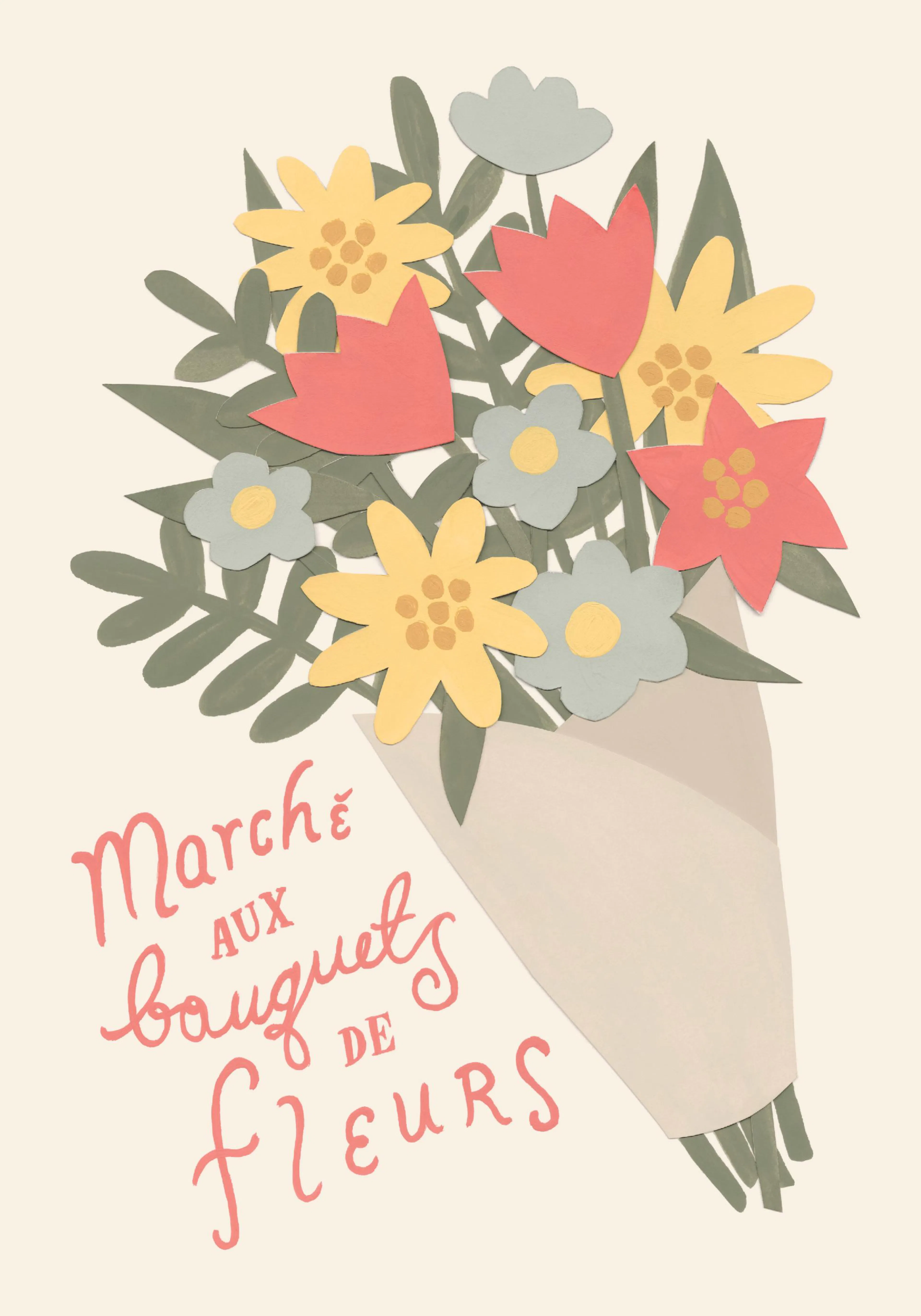Poster: Bunter Blumenstrauß in Pastelltönen mit Schriftzug Marché aux Bouquets de Fleurs.