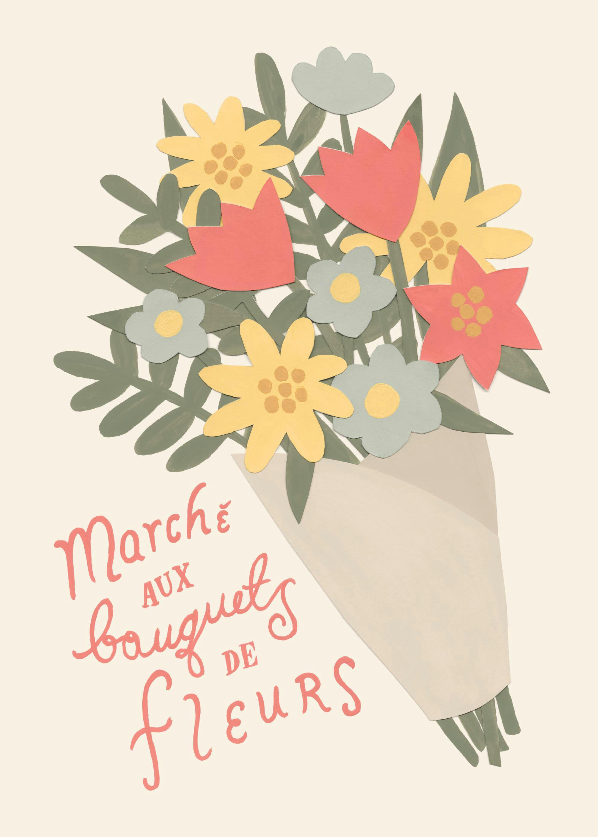 Plakat przedstawiający bukiet kwiatów w pastelowych odcieniach różu, żółci i szarości, z napisem Marche aux Bouquets de Fleurs.