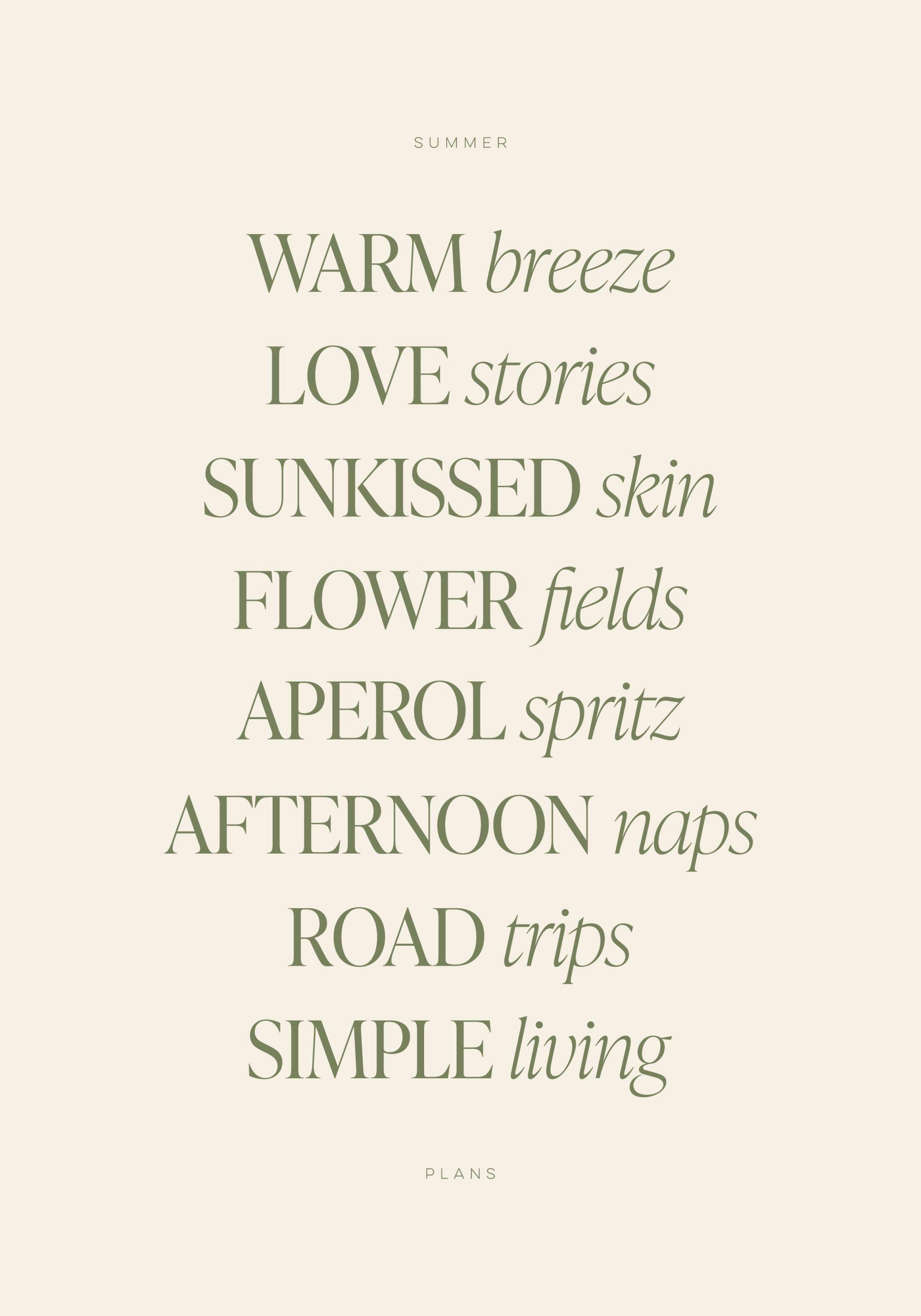 A poster with summer-themed text in green and cream, featuring phrases like WARM breeze and LOVE stories.