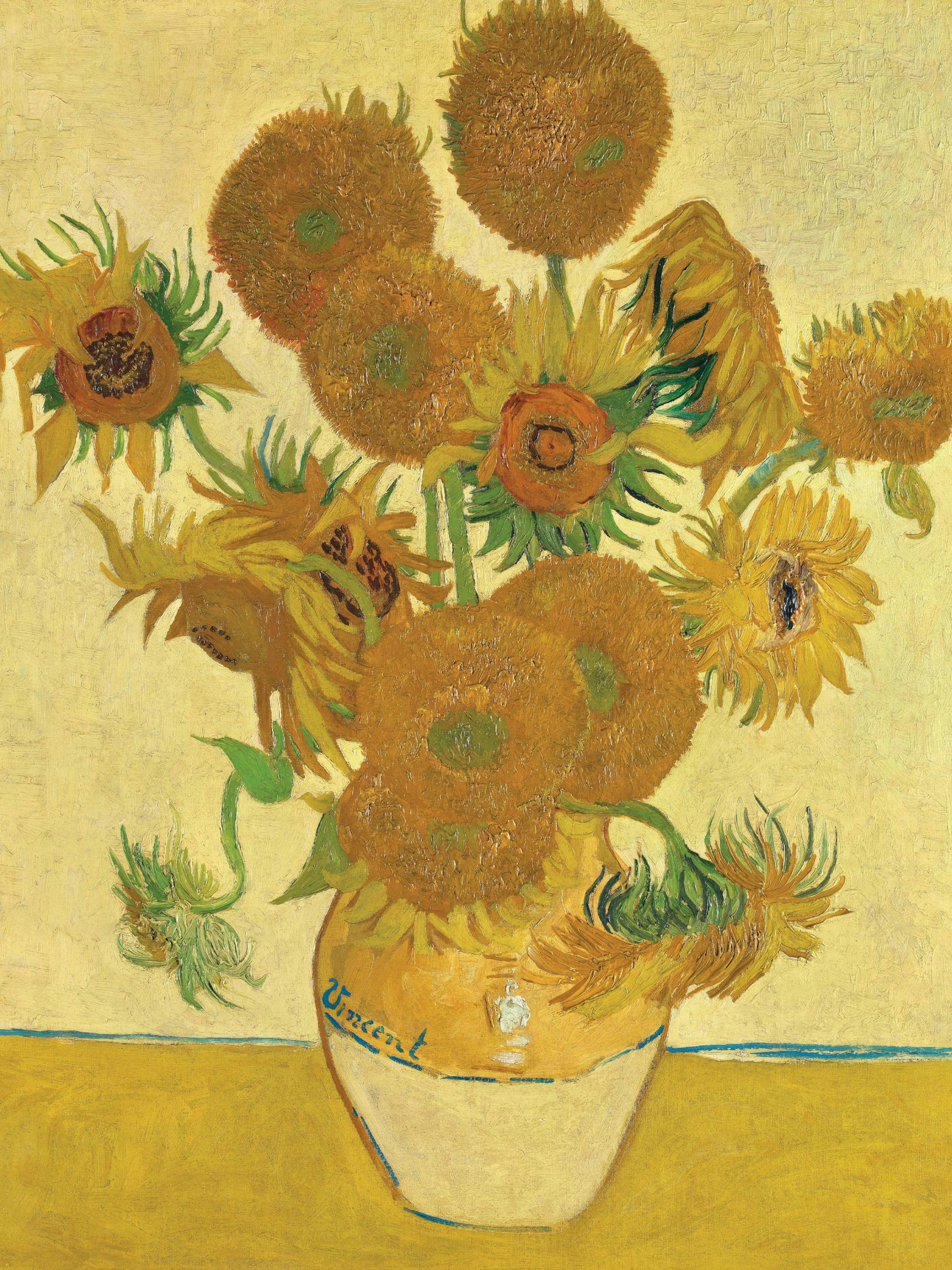 A poster featuring Van Goghs impressionist painting of a vase filled with bright yellow sunflowers.