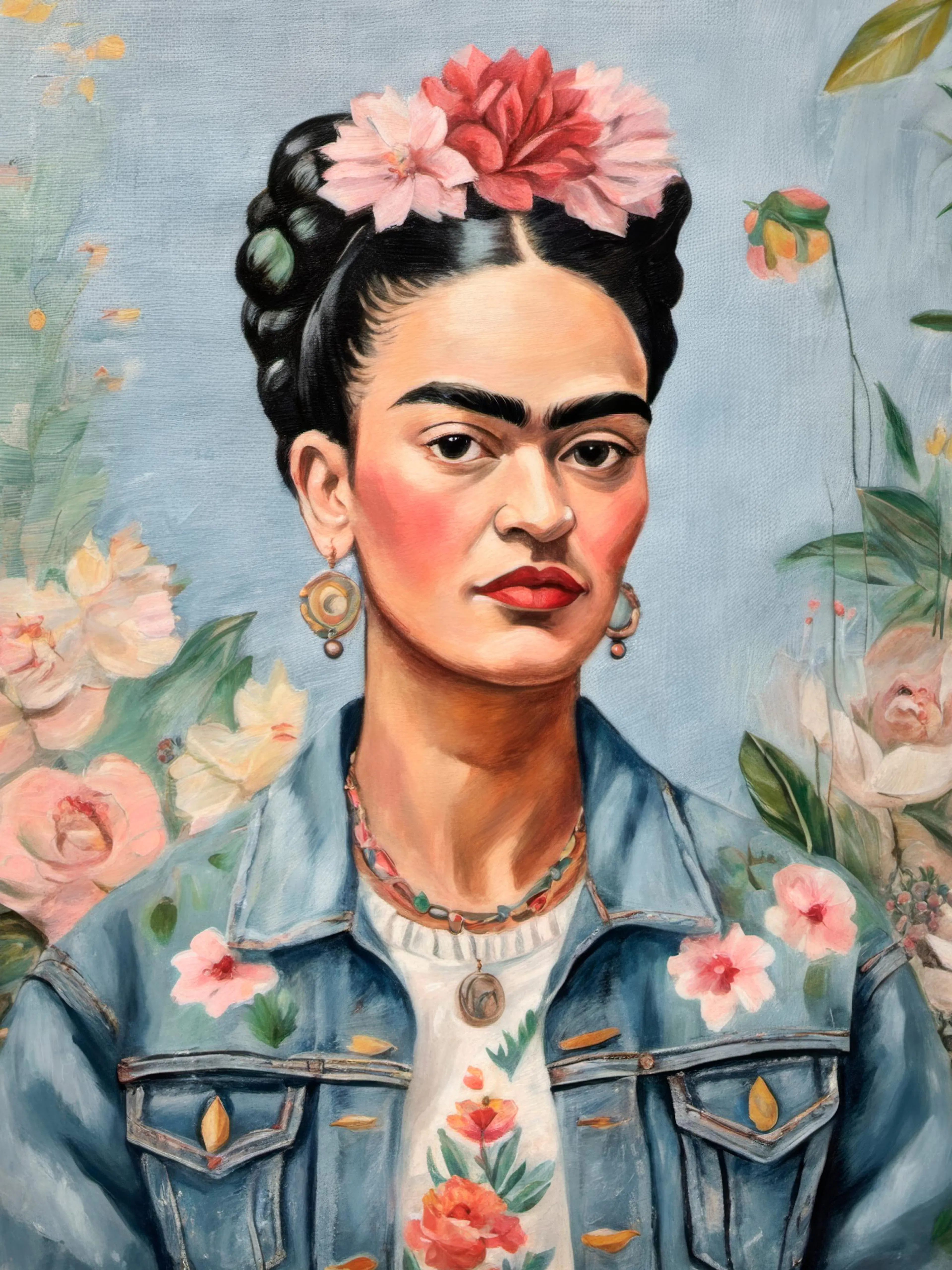 Póster de Frida Kahlo con flores en el cabello y en su chaqueta de mezclilla, sobre un fondo azul claro.