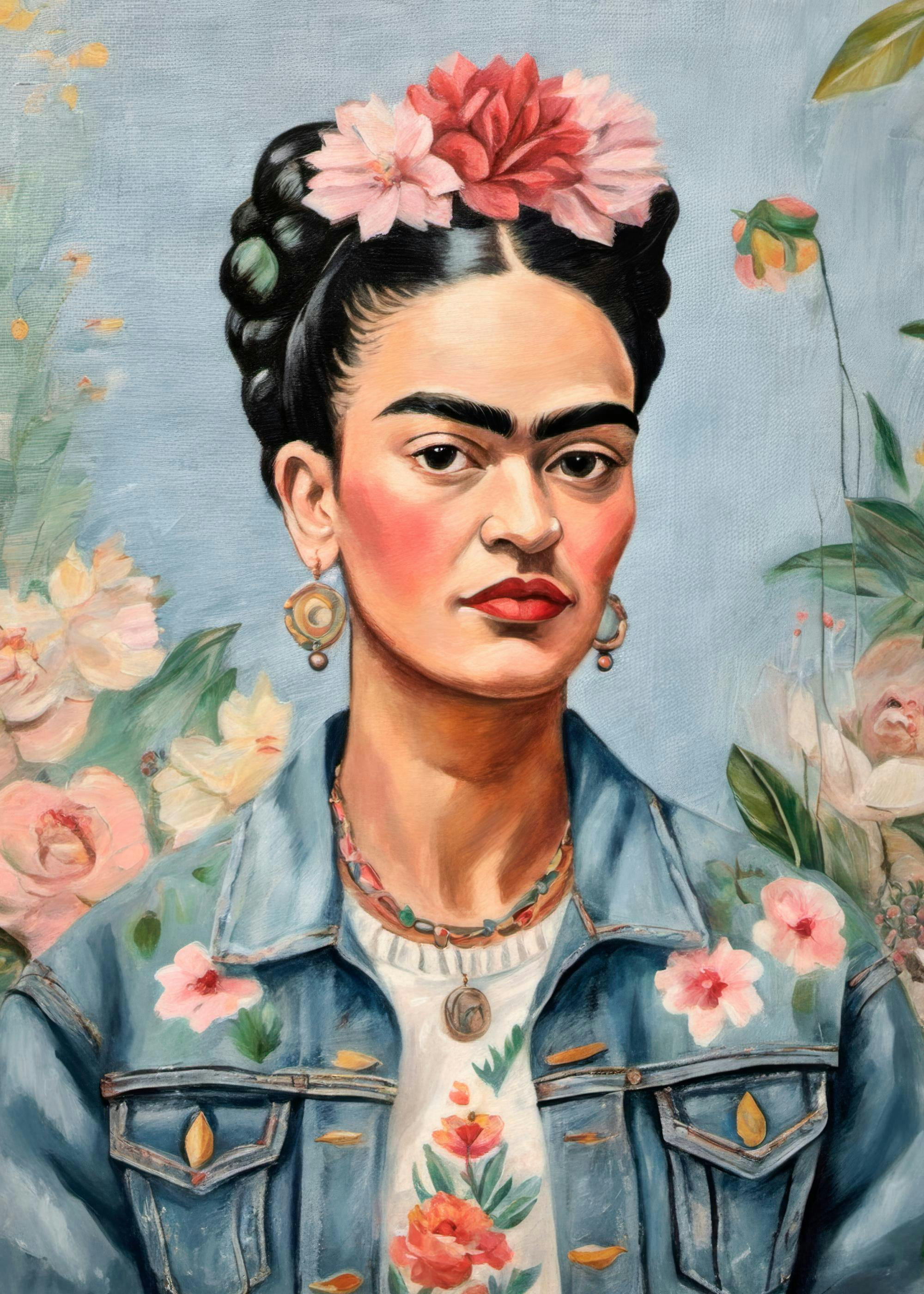 Ein Poster mit einem Gemälde von Frida Kahlo, umgeben von blühenden Blumen.